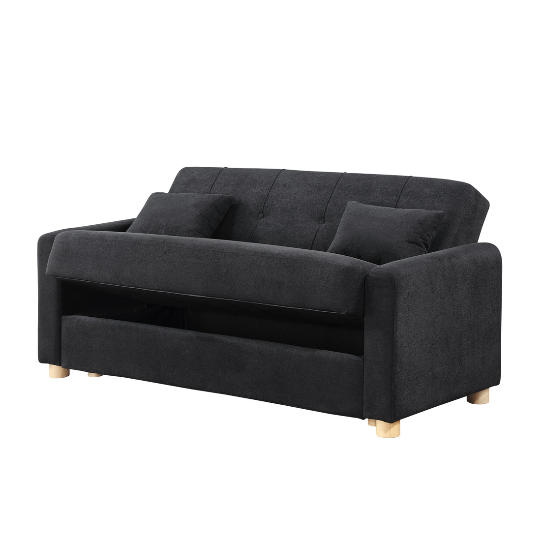 Thomas 66"W Black Fabric Convertible Sleeper Loveseat With Storage Black Fabric