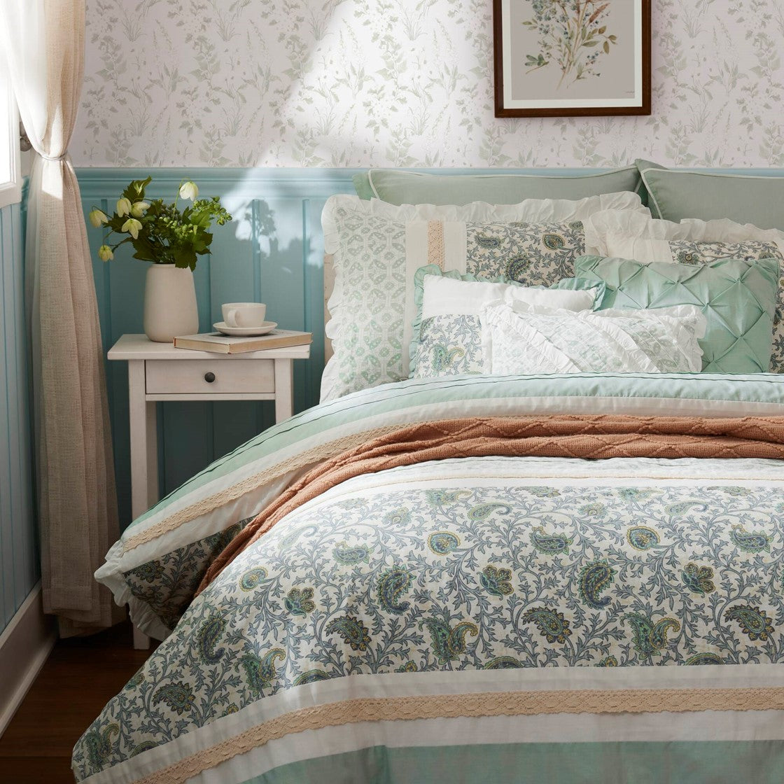 9 Piece Cotton Percale Comforter Set Aqua King King Aqua Polyester