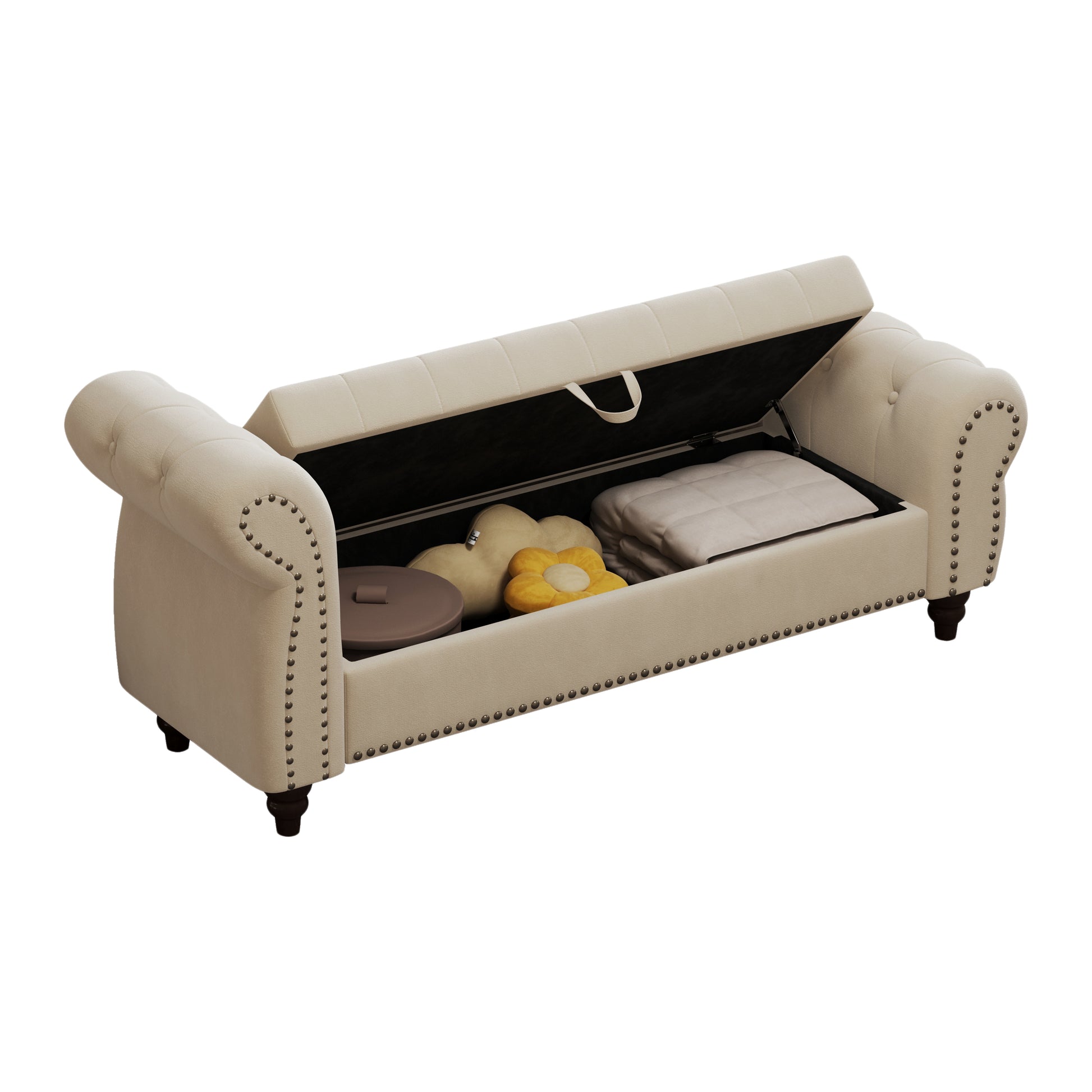 64.5" Bed Bench For Bed Room Nails Tufted Chaise Of Lounge With Storage Velvet Upholstery Beige Beige Foam Velvet