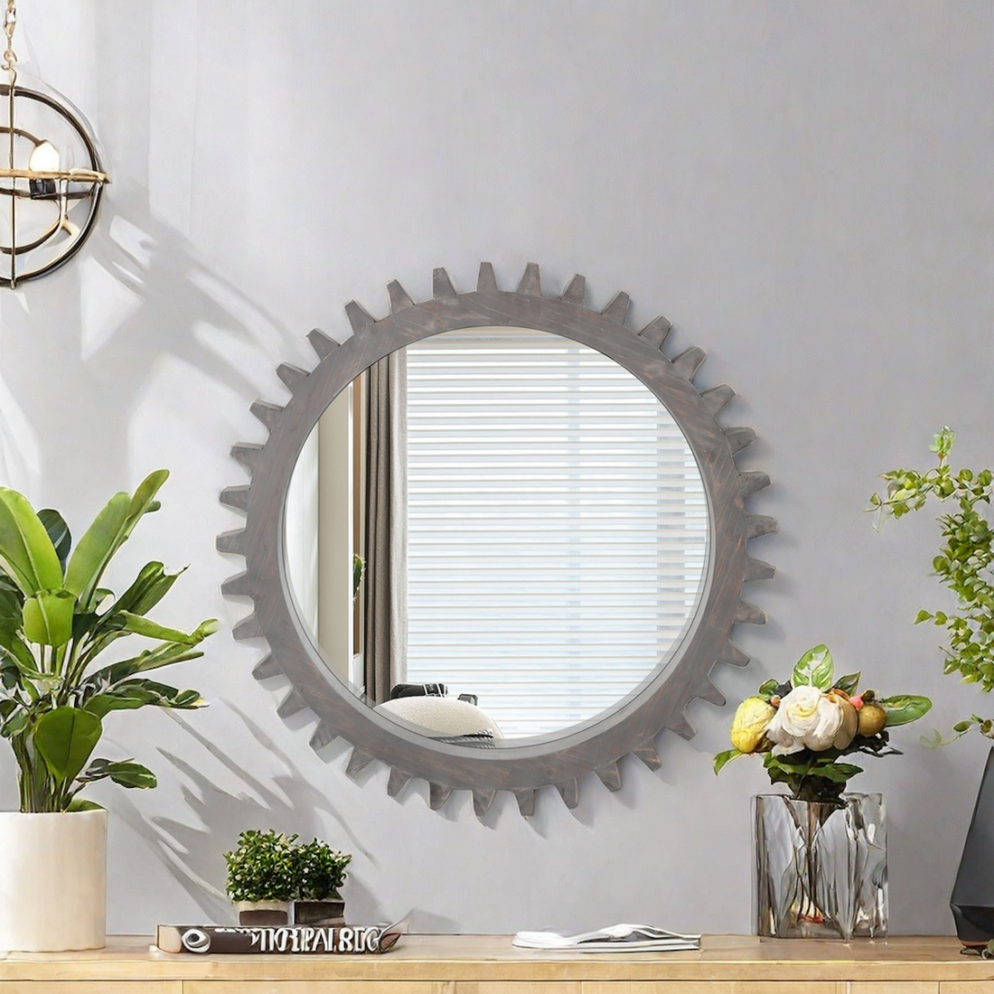 Vintage 26'' X 26'' Wall Wood Round Hanging Gear Shape Heavy Decorative Mirror For Bathroom Living Room Entryway Or Put Together To Your Liking Antique Dark Brown Dark Brown Antique Glass Mirror