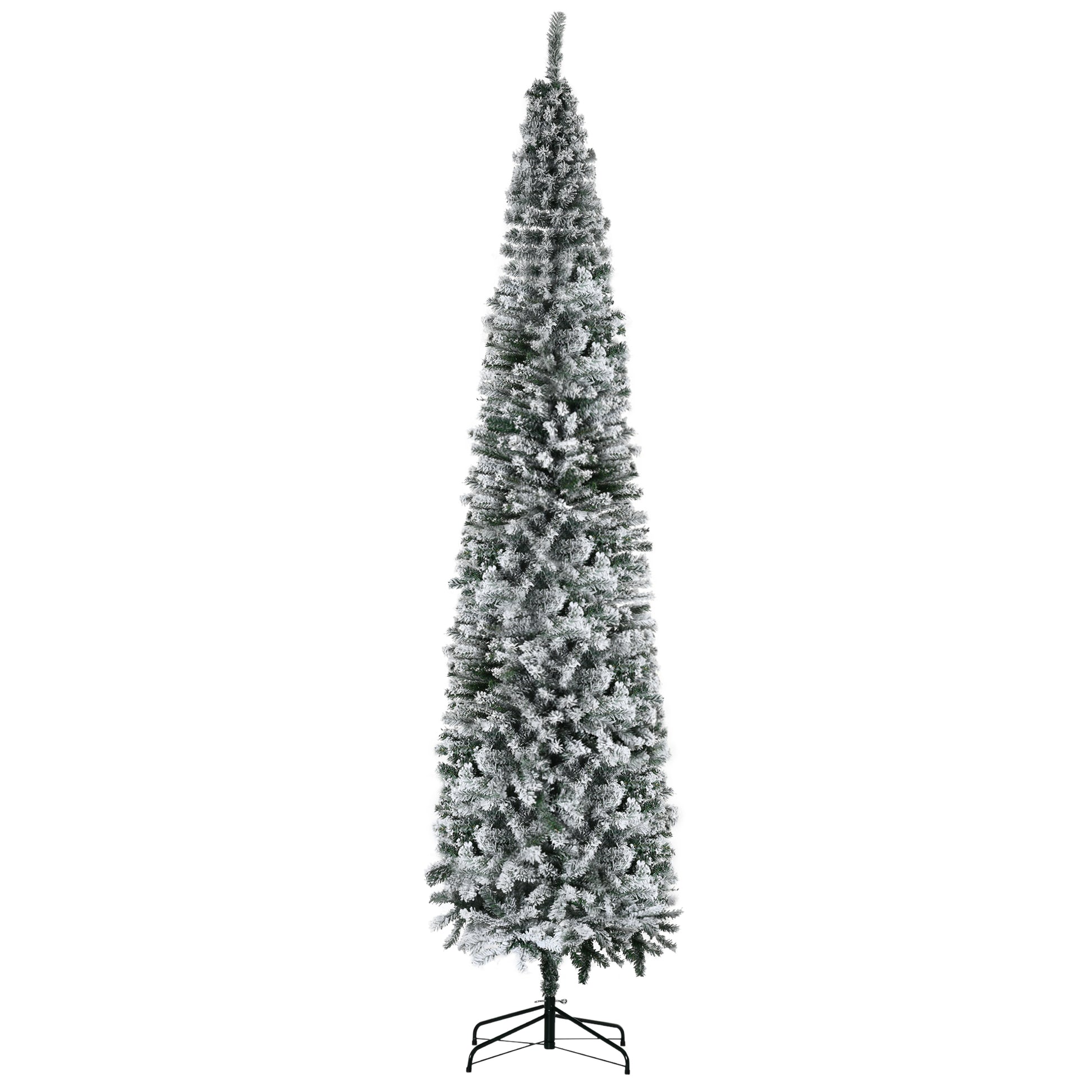 Homcom 9' Tall Unlit Snow Flocked Slim Artificial Christmas Tree With Realistic Branches And 1014 Tips Green Pvc