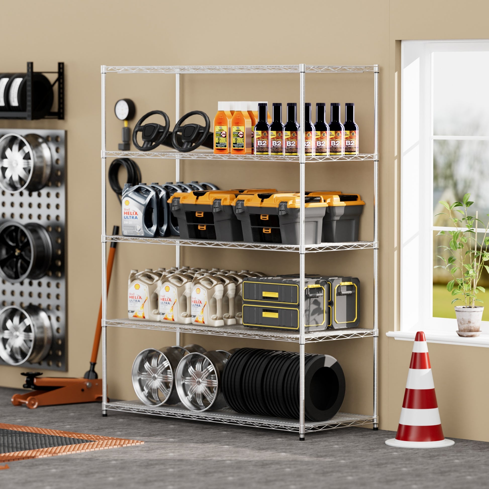 5 Tier Heavy Duty Adjustable Shelving And Racking, 300 Lbs. Per Wire Shelf, With Wheels, Adjustable Feet And Shelf Liners, For Warehouses, Supermarkets, Kitchens, Etc. 59.45 "L 24.02 "W 71.65 "H Silver Steel