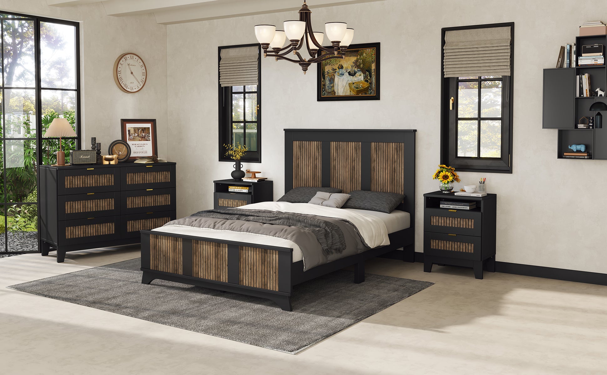 Farmhouse Wooden Platform Full Size Bed, Modern Platform Bed With Wooden Strip Decoration, Plywood Slats Support, Black Full Black Particle Board
