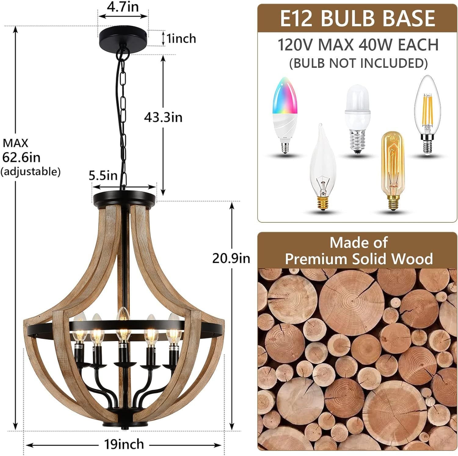 19" Farmhouse Chandelier Light Fixtures, 5 Light Dining Room Light Fixtures Over Table, Solid Wood Modern Chandeliers For Dining Room Living Room Kitchen Island Bedroom Foyer, Height Adjustable, Brown Wood Wood Metal