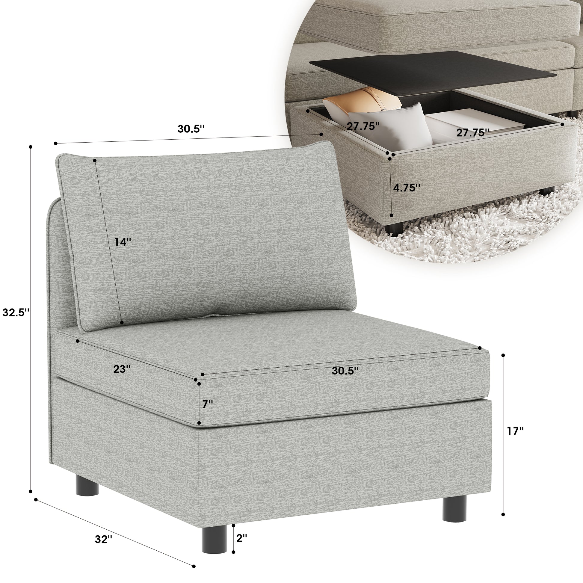 Armless Seat For Modular Sectional Sofa, Convertible Sofa Seat With Storage, Sleeper Sectional Sofa Set, Fabric Flexible Modular Combinations For Living Room 2Pcs Grey Fabric 2 Seat