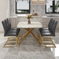 Table And Chair Set.Modern Luxurious Tempered Glass Dining Table Set With 6 Gold Metal Legs And Pu Chairs.White Marble Patterned Sticker Tabletop,Dark Gray Chairs With Gold Metal Legs. Gold,Gray