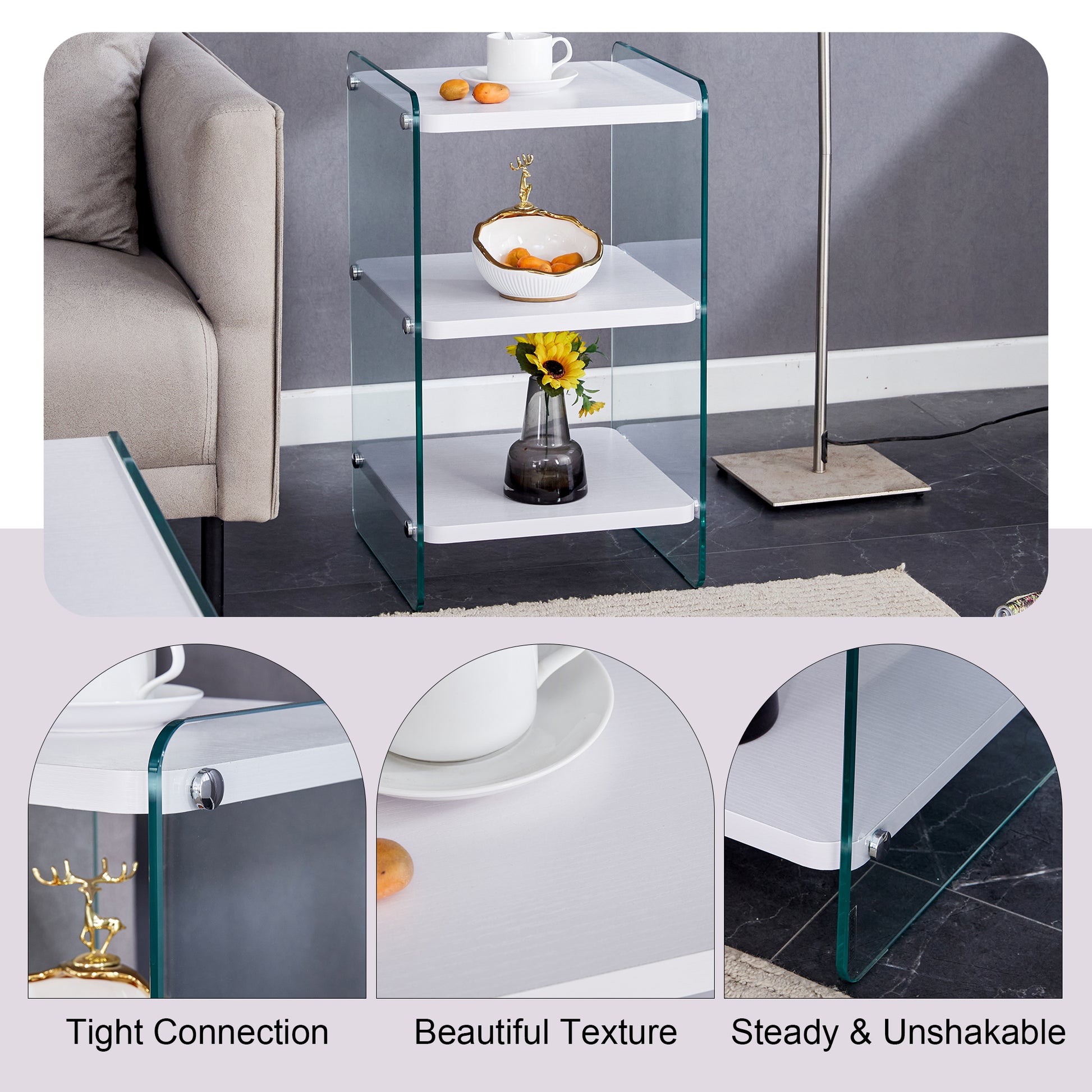 Three Levels Of Bedside Tables. The Board Surface Is Mdf, With White Stickers, And Both Sides Are Transparent Tempered Glass. The Design Is Simple And Generous, With Storage Function. White Mdf Glass