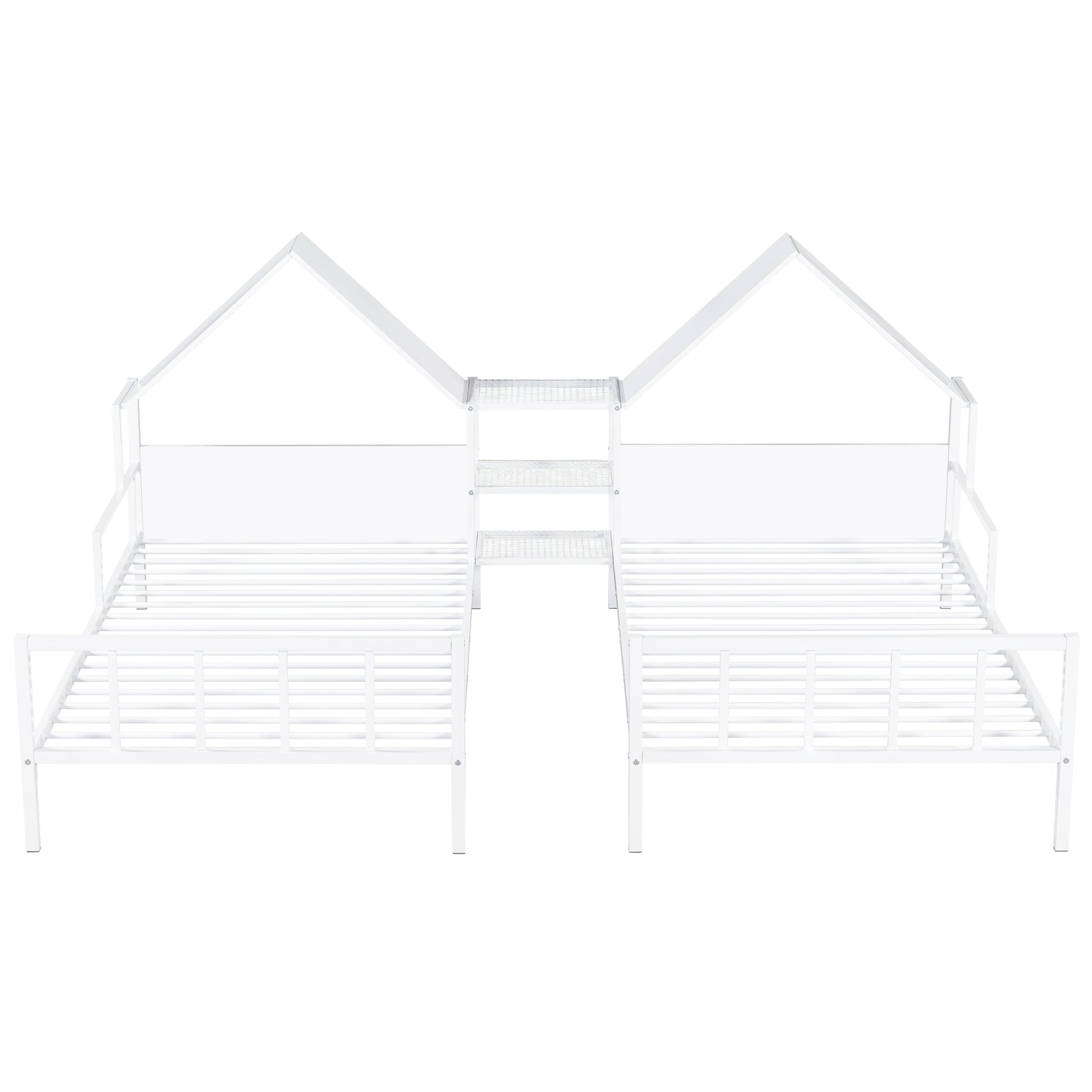 Metal Double Twin Size Platform Bed With House Shaped Headboard And A Built In Nightstand, White Box Spring Not Required Twin White Metal Metal