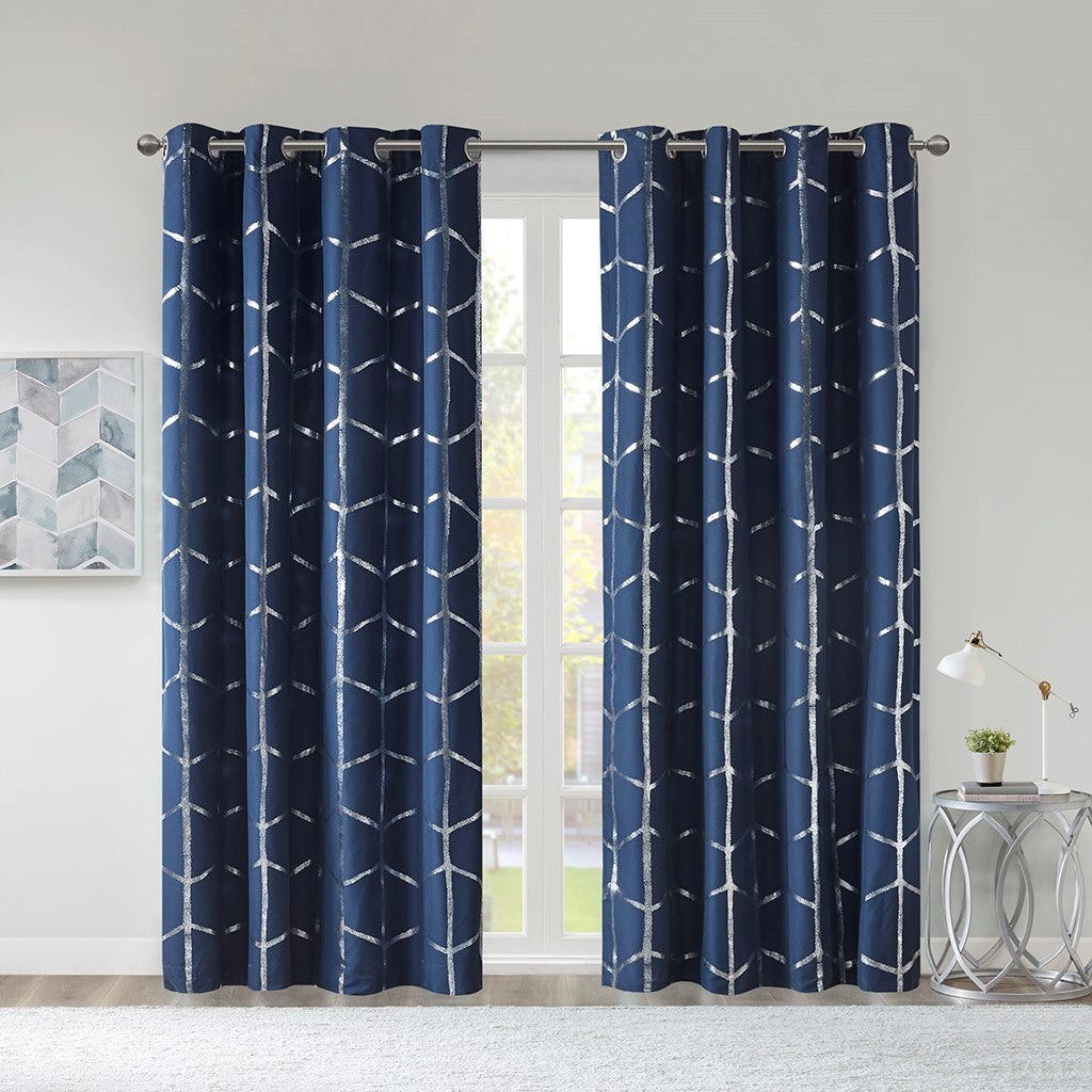 Total Blackout Metallic Print Grommet Top Curtain Panel Only 1 Pc Panel Navy Silver Polyester