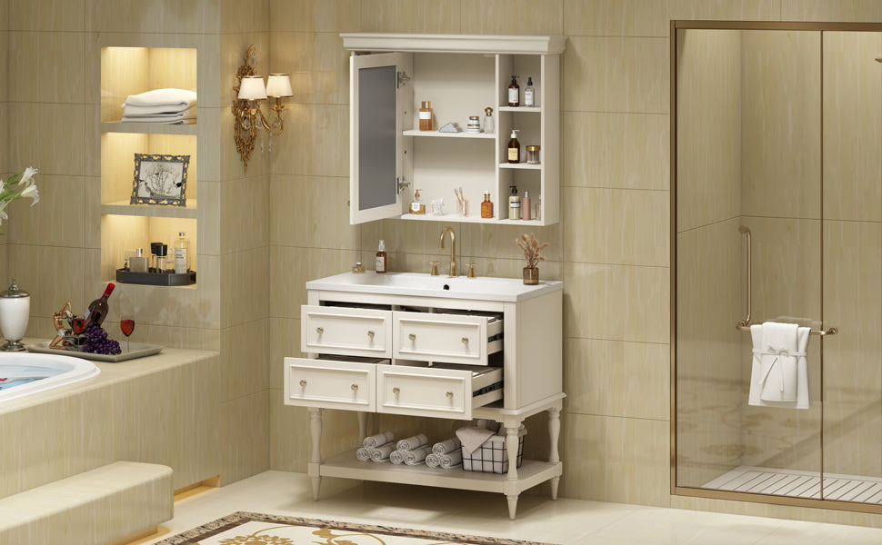 36'' Bathroom Vanity With Medicine Cabinet, Modern Mirror Cabinet With Adjustable Shelf, Bathroom Storage Cabinet With 4 Drawers, Solid Wood Frame Bathroom Storage Cabinet 4 Beige 1 5 Adjustable Hinges Bathroom Freestanding Solid Wood Mdf Resin Painted