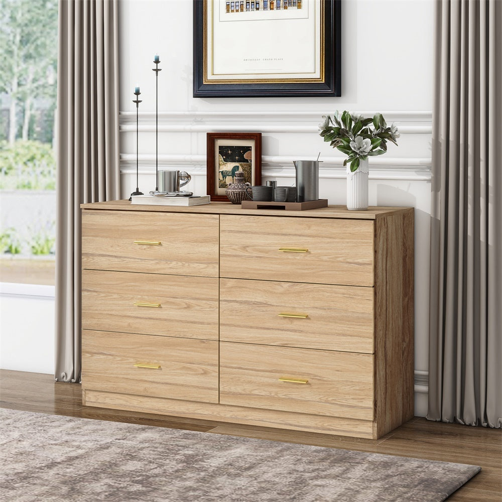 Modern Natural 6 Drawer Dresser For Bedroom Large Storage Wide Chest Of Drawers, Sturdy & Safe Chest 5 Or More Drawers Natural Natural Primary Living Space Drawers Included American Design,Contemporary,Modern Melamine Engineered Wood