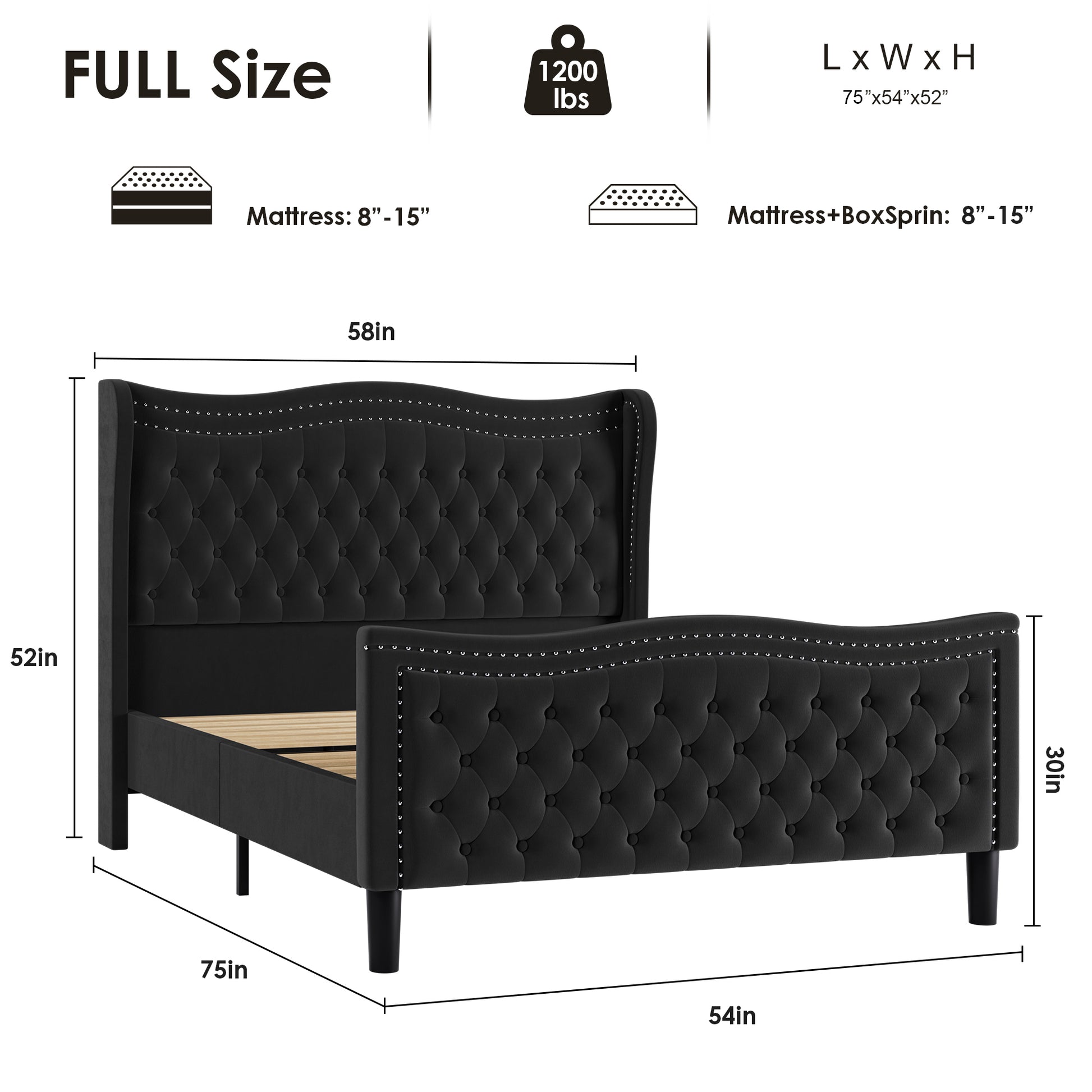 Lift Up Velvet Black Full Size Bed Box Spring Not Required Full Black Wood Light Brown Bedroom American Design Poplar Slat Beds Foam Velvet Upholstered