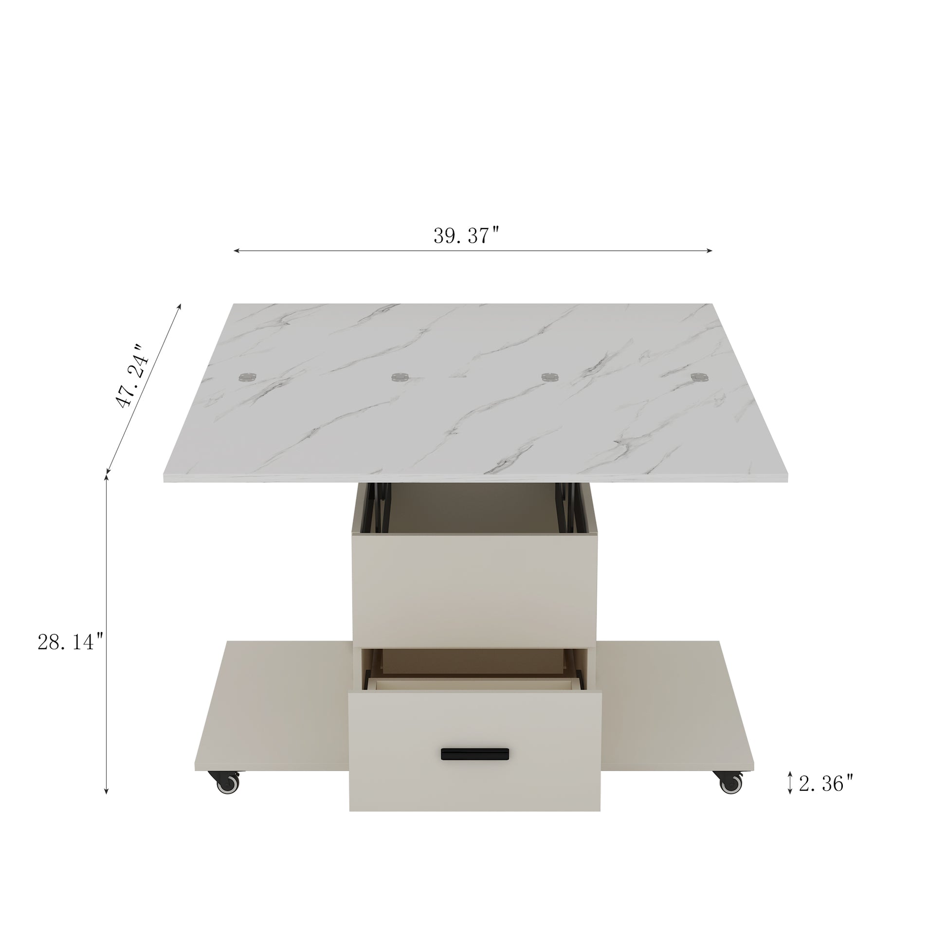 Modern Lift Up Coffee Table With 4 Stools Set For Living Room Expandable 1 Hidden Storage 2 Drawers Space Saving Folding Dining Table White Mdf
