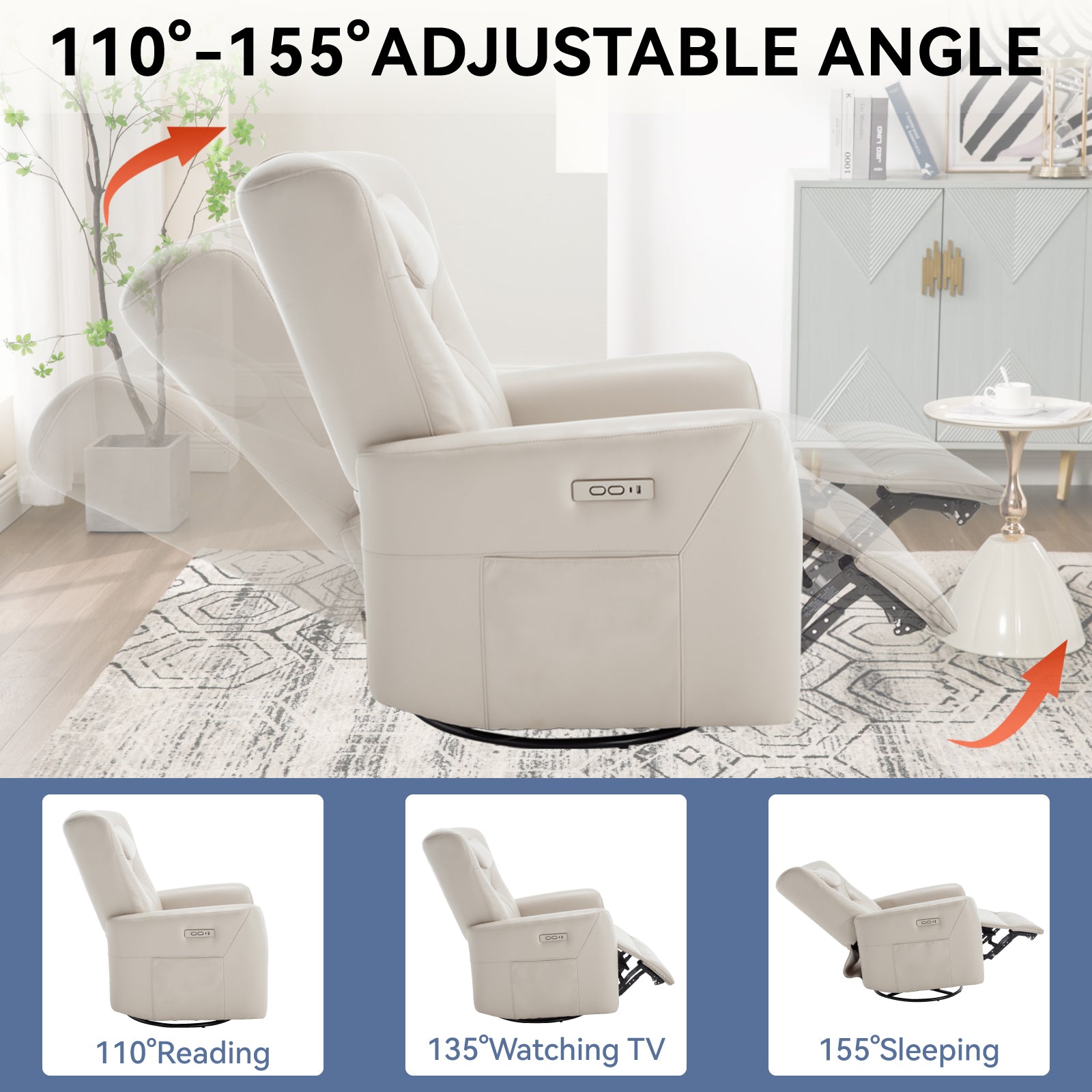 Beige Grey Leatheraire Swivel And Rocker Power Recliner Chair With Lumbar And Neck Support Pillow, Heavy Duty Motion Mechanism With Usb And Type C Ports Beige Polyester Power Push Button Metal Primary Living Space Medium Firm Tight Back Heavy Duty