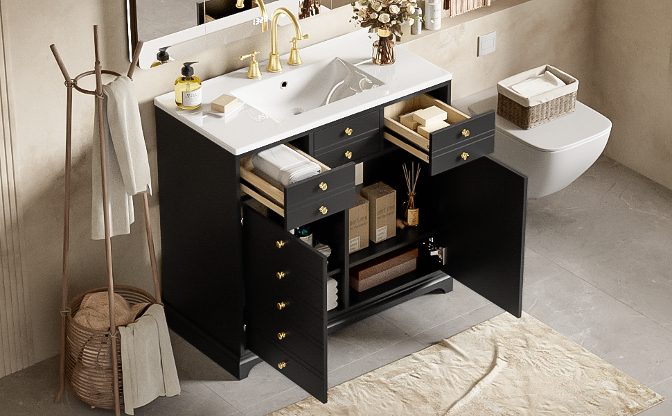 36'' Bathroom Vanity With Resin Sink Combo, Solid Wood Frame Bathroom Storage Cabinet, Freestanding Vanity Set With 2 Drawers& Soft Closing Doors, Black Black Bathroom Solid Wood Mdf Resin