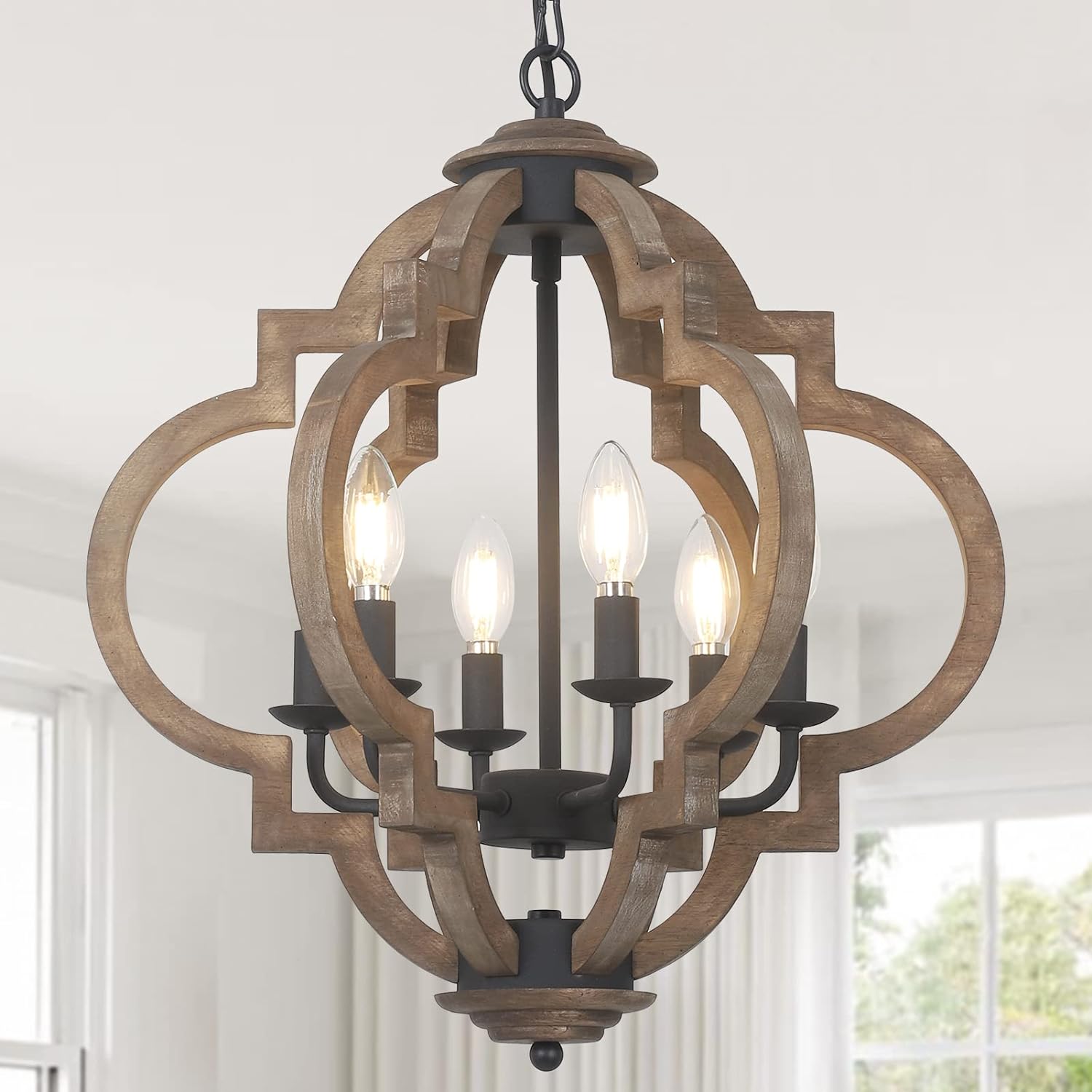 Farmhouse Chandeliers For Dining Room, 6 Light Rustic Dining Room Light Fixture Over Table, Wood Black Hanging Pendant Lights Kitchen Island, Boho Chandelier For Bedrooms Entryway Living Room Wood Wood Metal