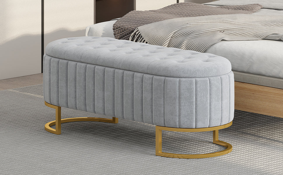 Elegant Upholstered Velvet Storage Ottoman With Button Tufted,Storage Bench With Metal Legs For Bedroom,Living Room,Fully Assembled Except Legs,Grey Grey Velvet