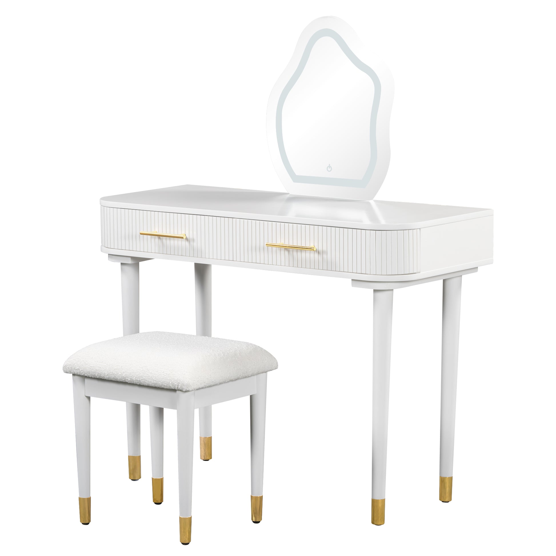 40" Modern Vanity Table Set With Mirror Touch Screen Lighted Mirror, Dressing Table And Cushioned Stool Set With 2 Large Drawers, White White 2 Drawers Rubberwood Mdf,Rubber Wood,Tempered Glass