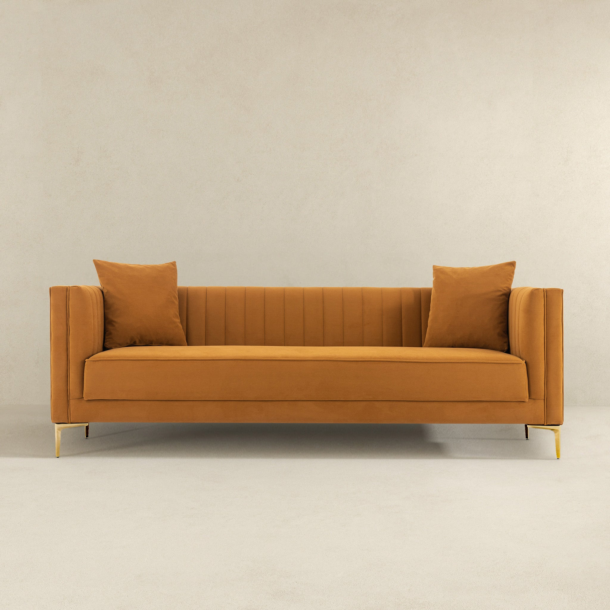 Angelina Sofa 91" Cognac Velvet Cognac,Gold,Rustic Velvet Wood Primary Living Space Medium Firm Tufted Back Mid Century Modern Foam Metal,Velvet 4 Seat