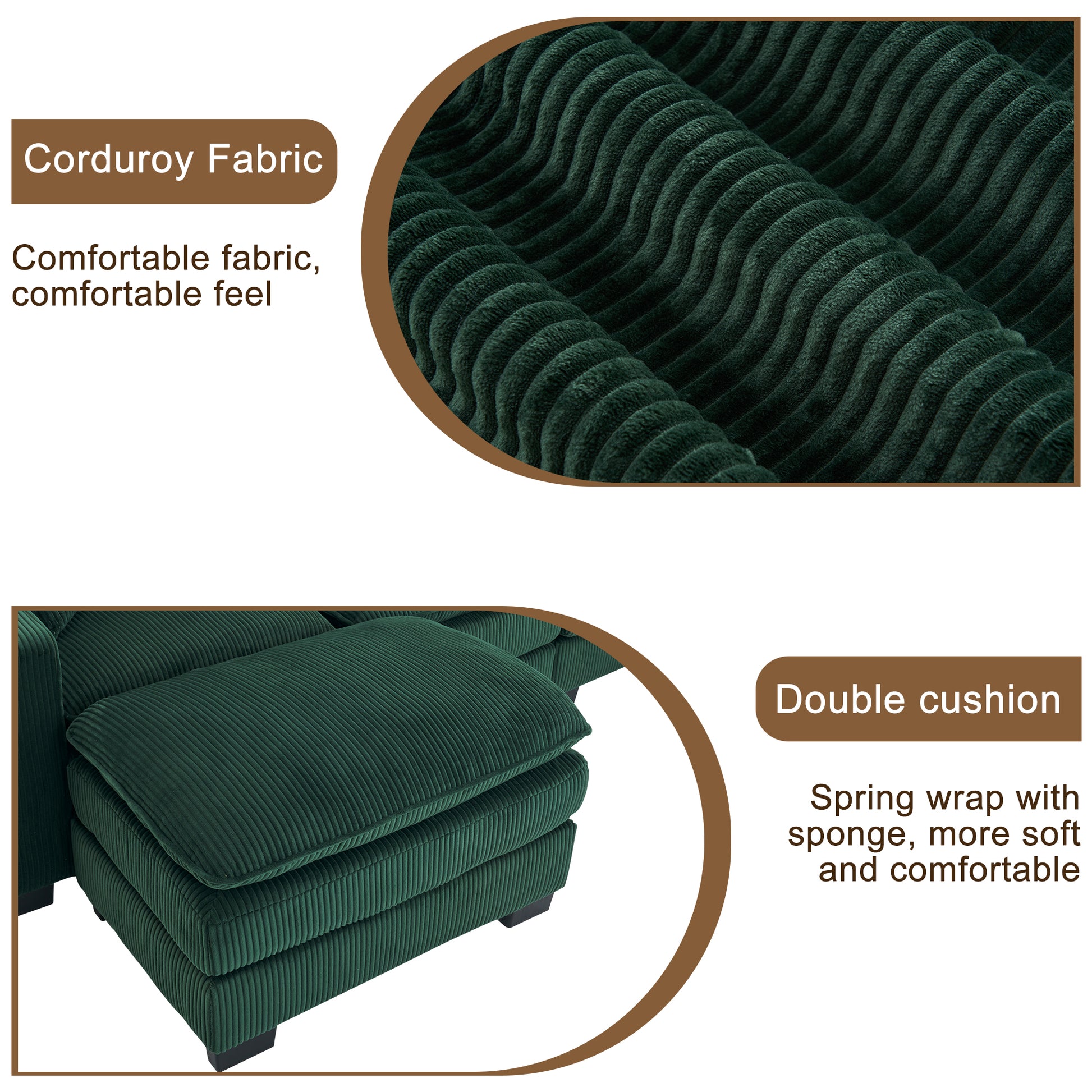 Modern U Shaped 6 Seat Sectional Sofa Couch With One Ottoman And Three Toss Pillows ,Modular Sofa For Living Room,Corduroy Sofa Green Corduroy 7 Seat