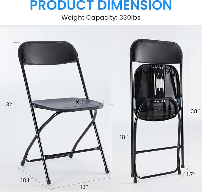 10 Pcs Folding Chair Plastic, Foldable Stackable Portable Seat With Metal Frame 330Lb Capacity, Outdoor Indoor Commercial For Party, Wedding, Event, Office, Patio, Picnic, Kitchen, Black Black