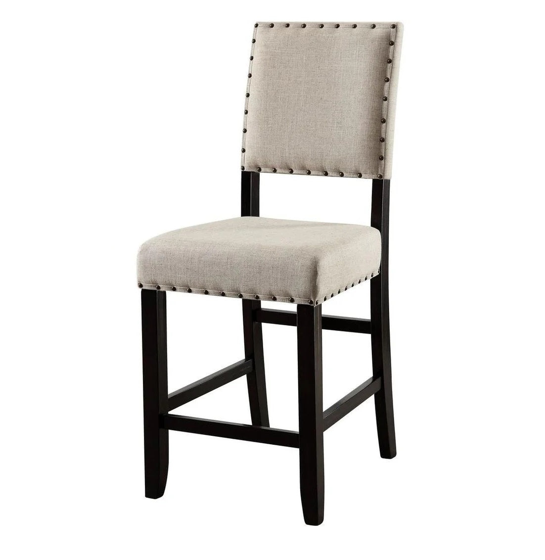 Antique Black Wooden 5Pc Counter Height Dining Set Table And 4X Chairs Beige Linen Like Fabric Cushions Trim Chairs Wood Dining Room Solid Wood Rectangular Dining Table With Chair Upholstered Chair Wood Beige Black Solid Back Seats 4 60 Inches