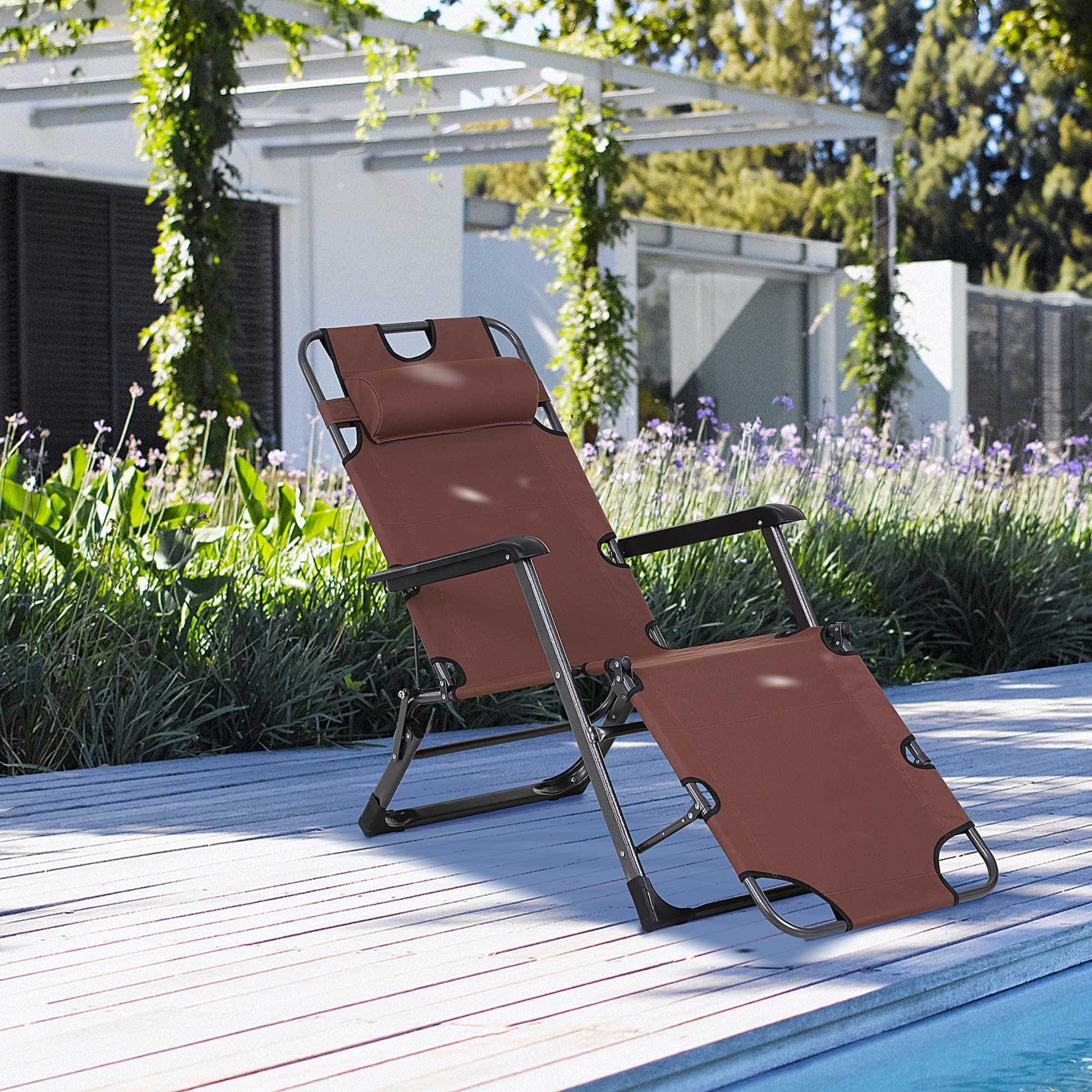 Outsunny Folding Chaise Lounge Chair For Outside, 2 In 1 Tanning Chair With Pillow & Pocket, Adjustable Pool Chair For Beach, Patio, Lawn, Deck, Brown Brown Metal