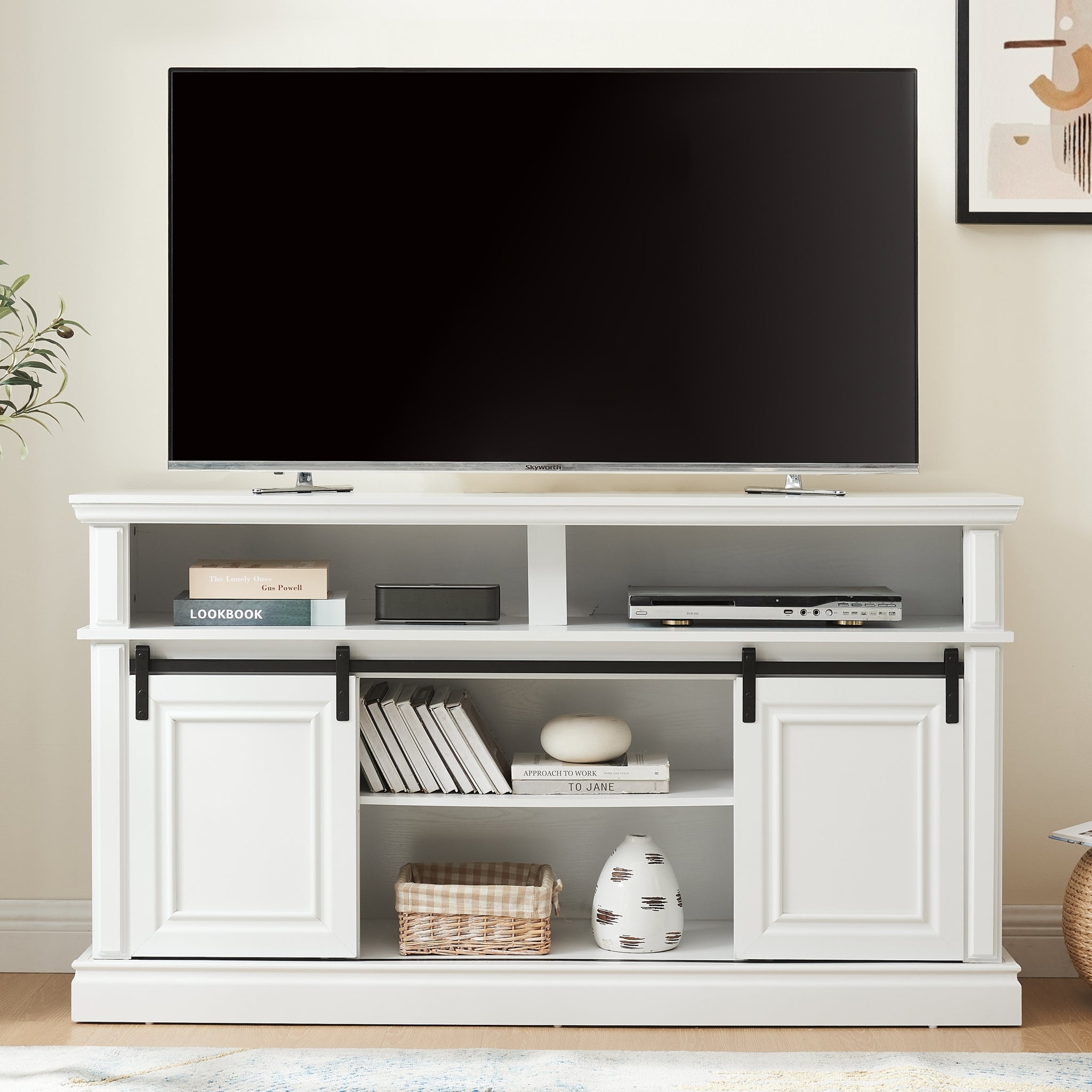 Media Console Table With Storage Cabinet, Mid Century Style Entertainment Tv Table, Multipurpose Sliding Door Tv Cabinet Large Storage Space, 58.11"W*15.79"D*32.36"H Antique White Antique White 60 69 Inches 60 69 Inches 60 Inches Mdf