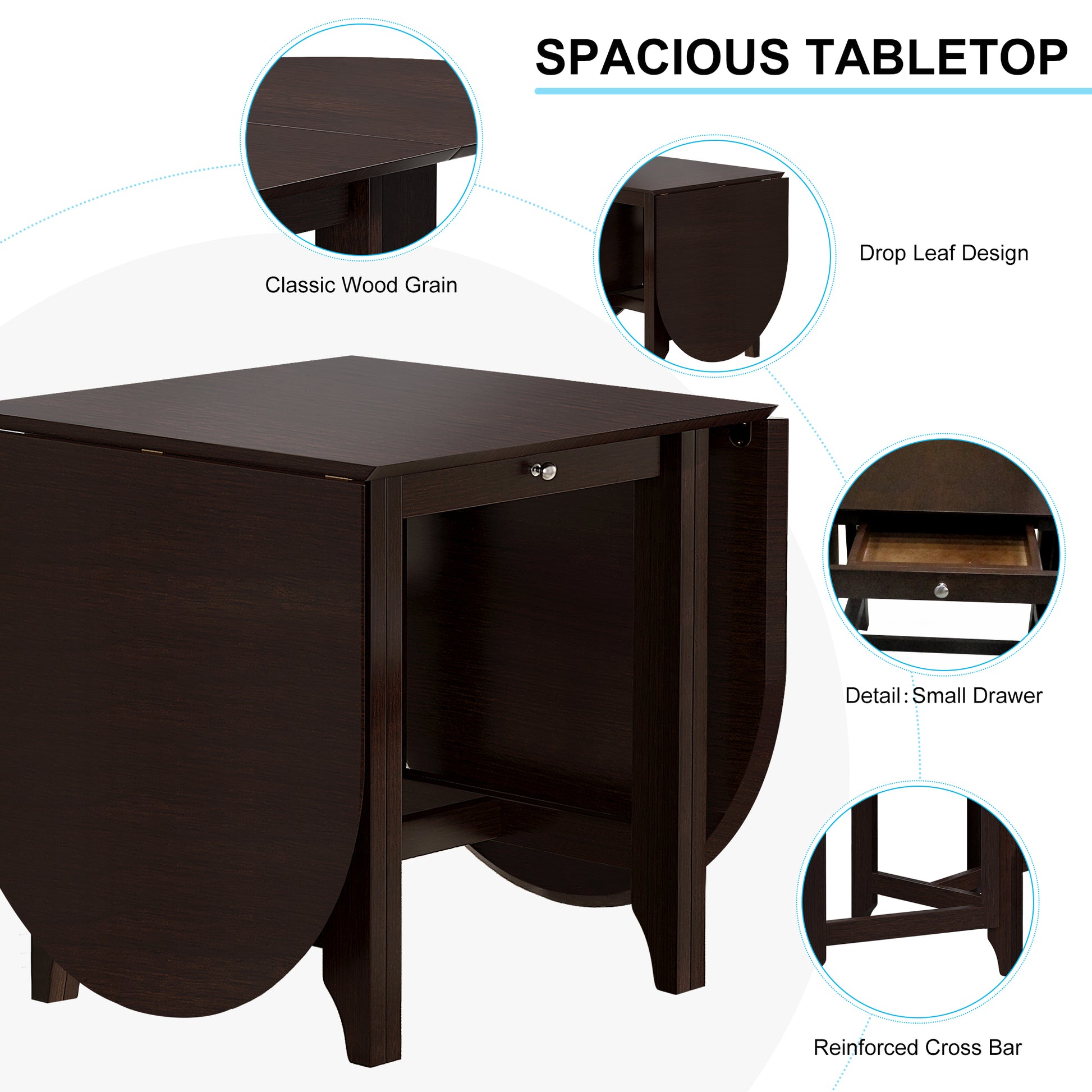 Retro Drop Leaf Table Rubber Wood Dining Table With Spacious Tabletop Small Drawer For Small Space Kitchen Dark Brown Brown Rubber Wood