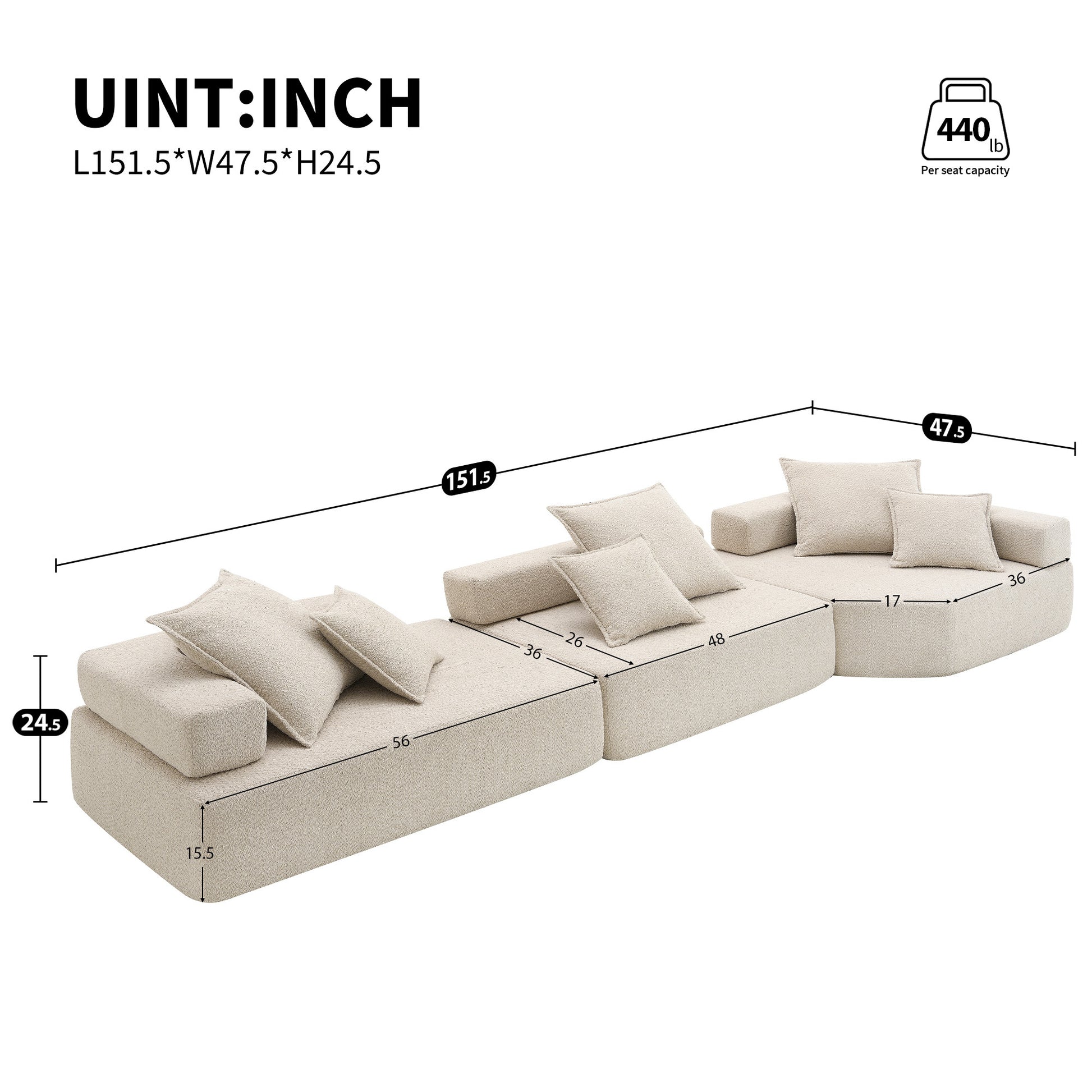 Oversized Modular Sectional Sofa,Luxury Boucle Floor Couch Set,Convertible Sleeper Couch,Spacious Foam Filled Sofa Bed For Living Room,3 Pc Free Combination,2 Colors Beige Boucle 5 Seat