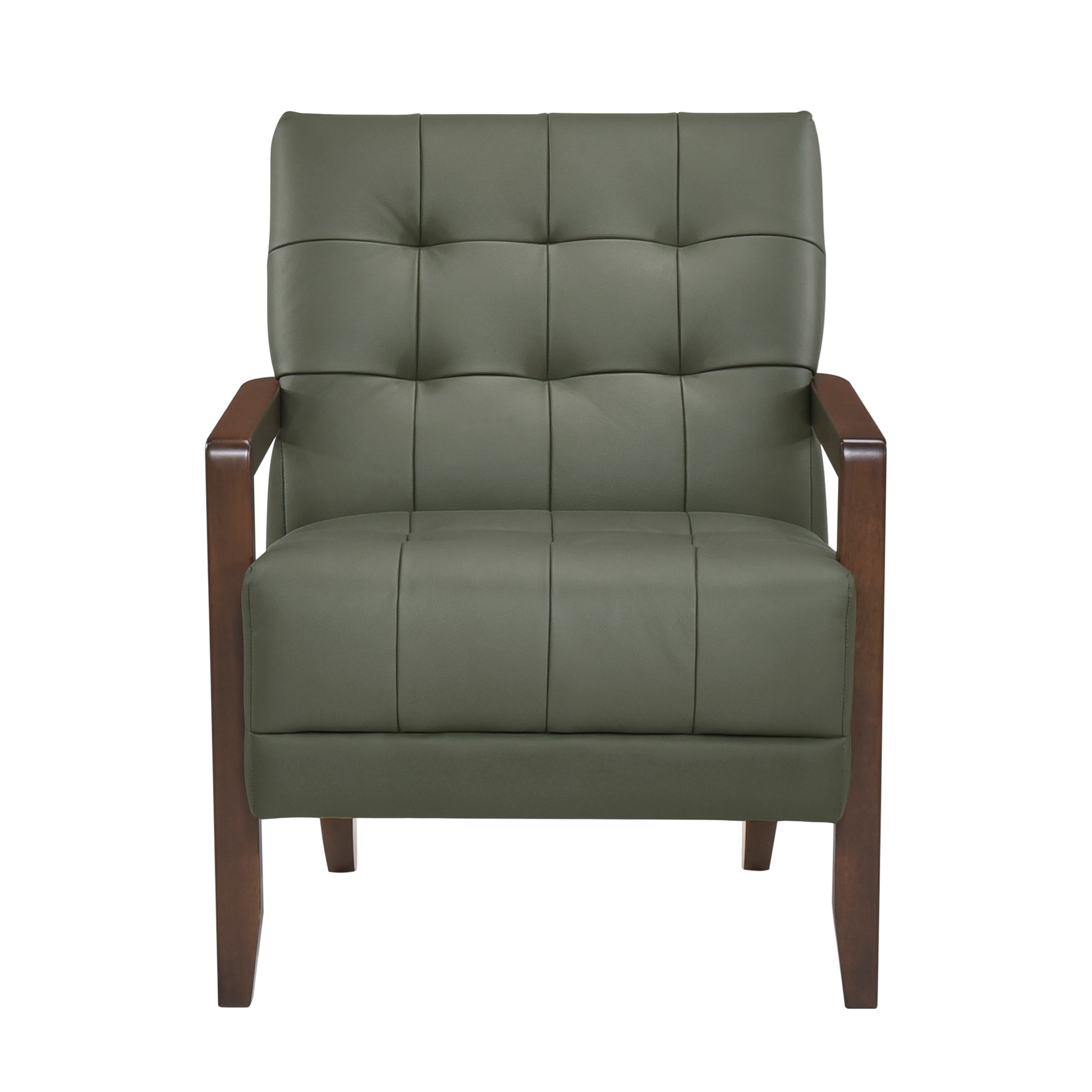 Modern Style Accent Chair Green Leather Upholstered Tufted Detail Walnut Finish Wood Furniture 1Pc Green Primary Living Space Contemporary,Modern Plywood