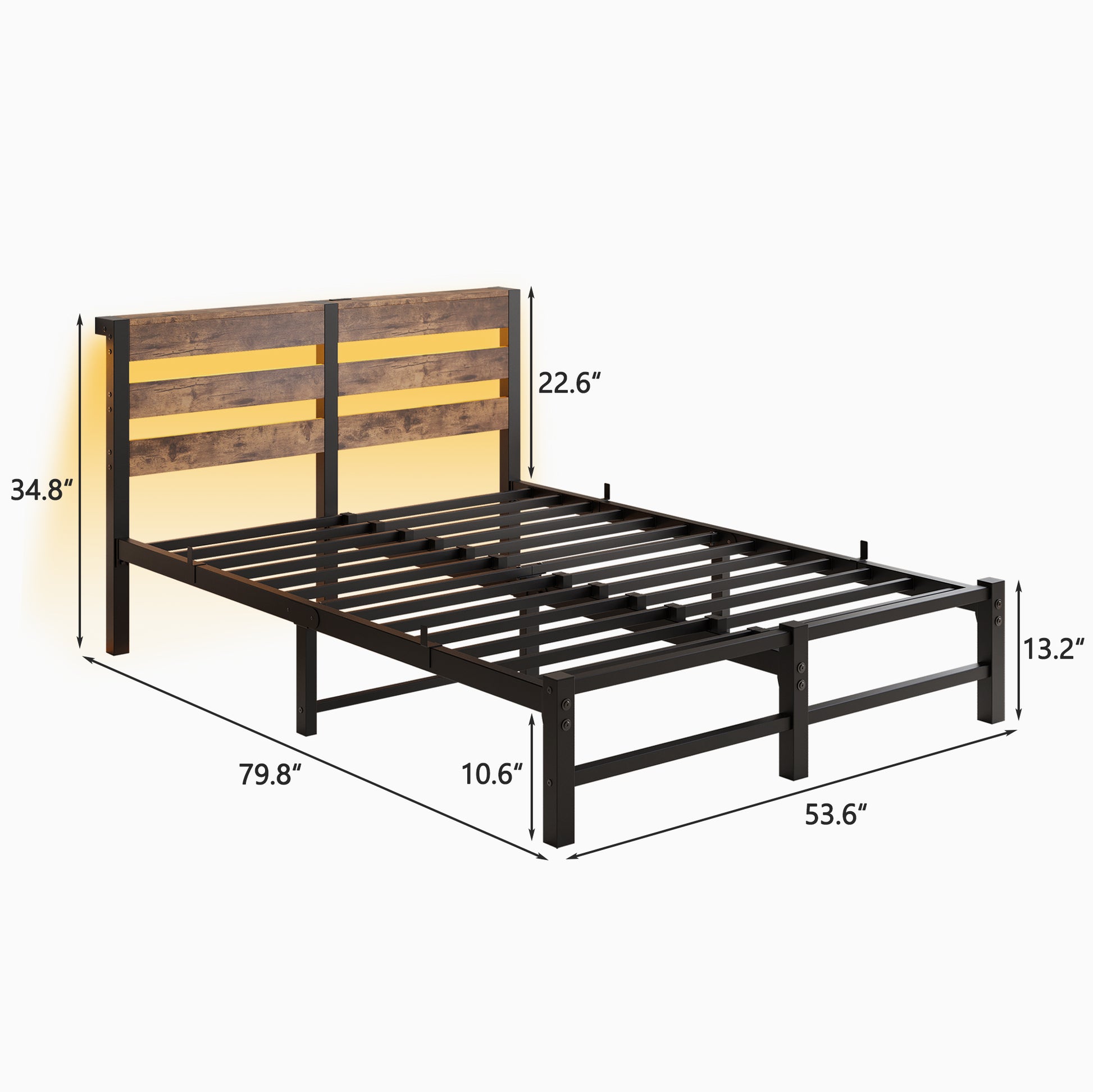 Full Size Metal Bed Frame With Wooden Headboard, Rgb Lights, Charger, Storage Shelf, Noise Free, No Box Spring Needed,Rustic Brown Box Spring Not Required Full Beige Brown Metal Brown Bedroom Bed Frame Metal & Wood