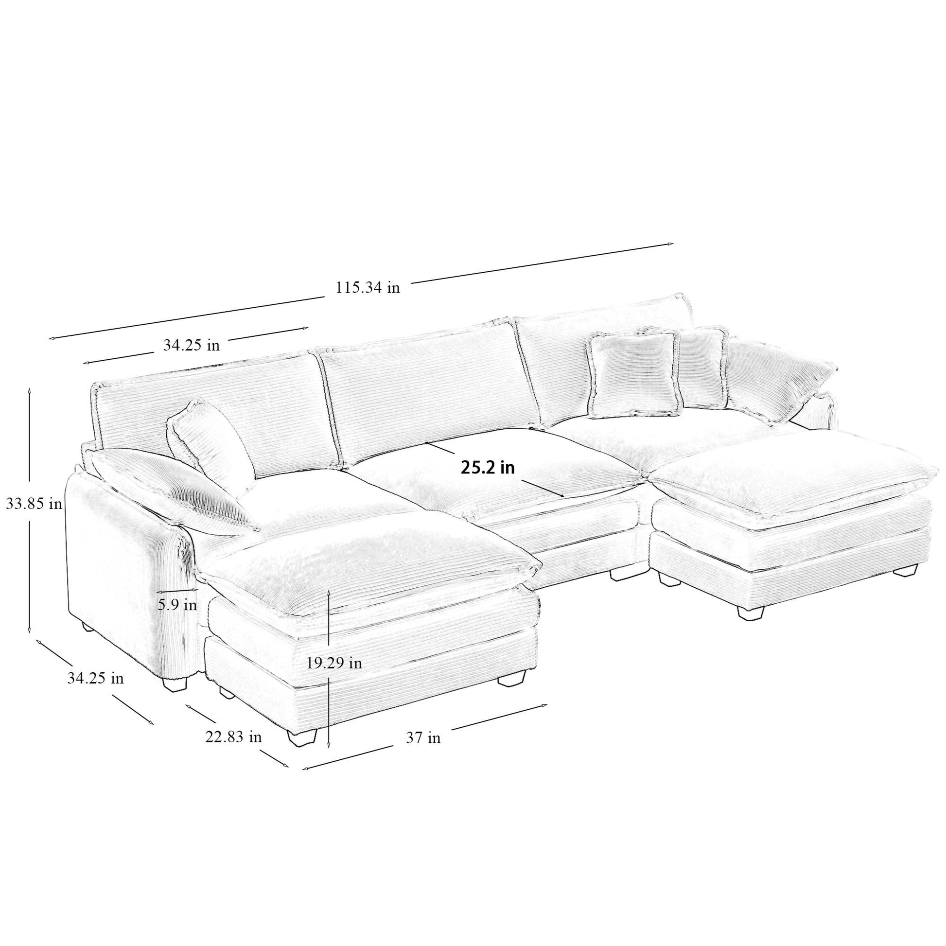 Oversized Modular Cushioned Sofa With Conversible Ottoman, 3 Seater Sofa With 2 Footstools, U Shape Sofa Ingrey Corduroy Fabric Grey Corduroy 3 Seat