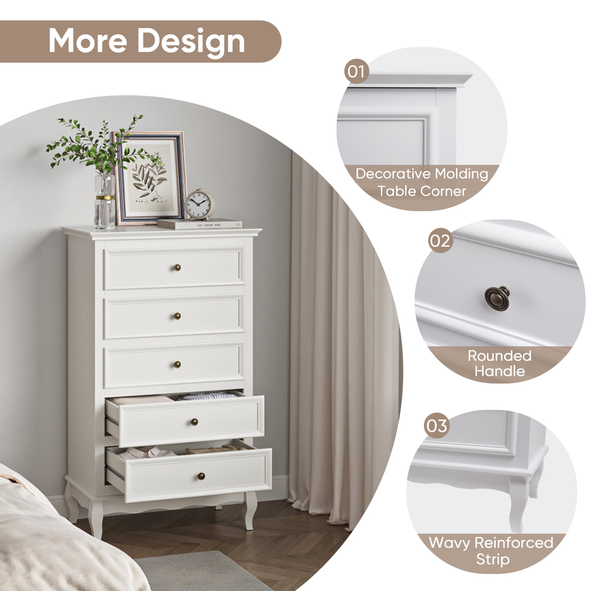 5 Drawer Dresser For Bedroom, Modern Storage Closet Cabinet Organizerwith Solid Wood Legs And Painted Finish White White Wood