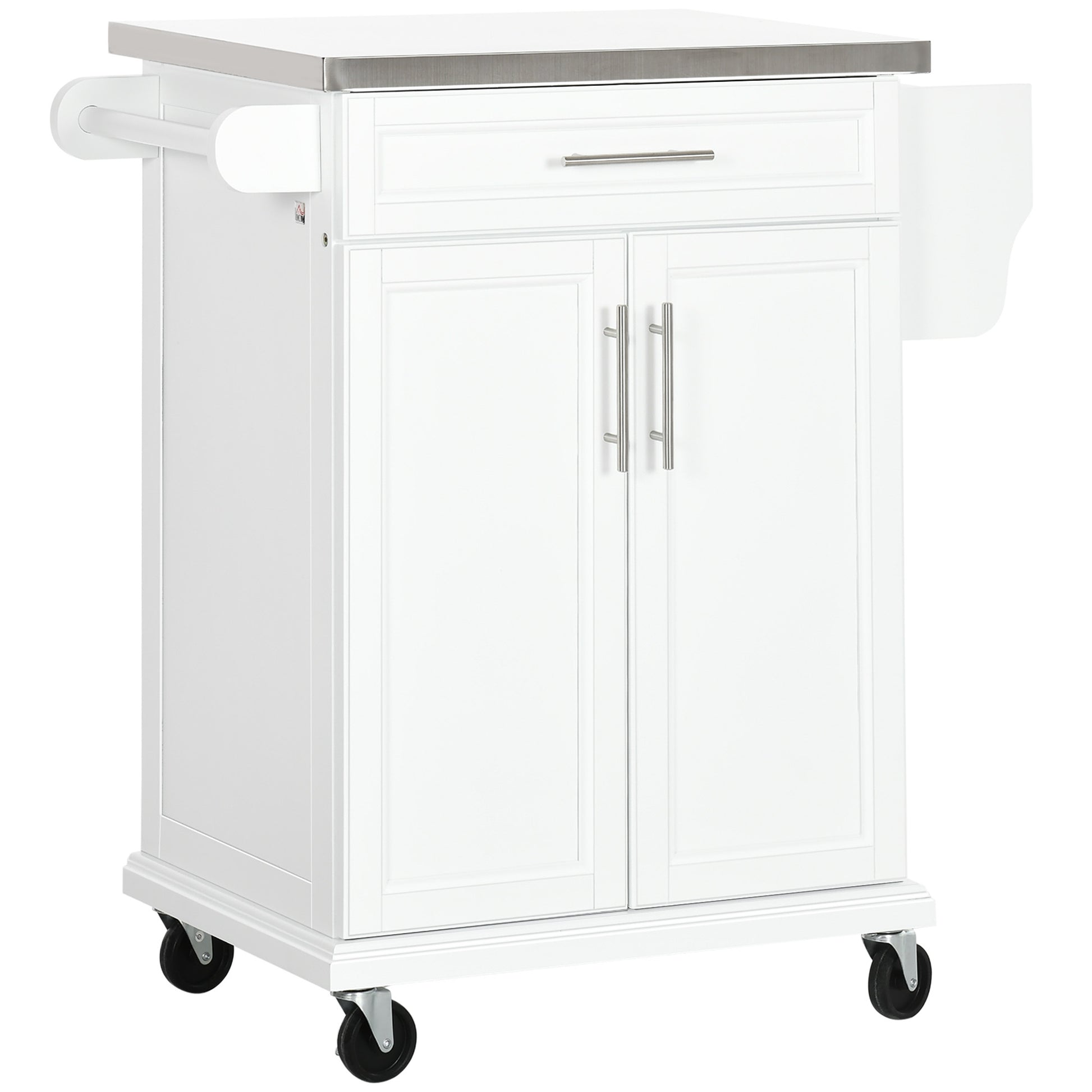 Homcom Kitchen Island On Wheels, Rolling Kitchen Cart With Stainless Steel Countertop, Drawer, Towel Rack And Spice Rack, Utility Storage Trolley, White White Mdf