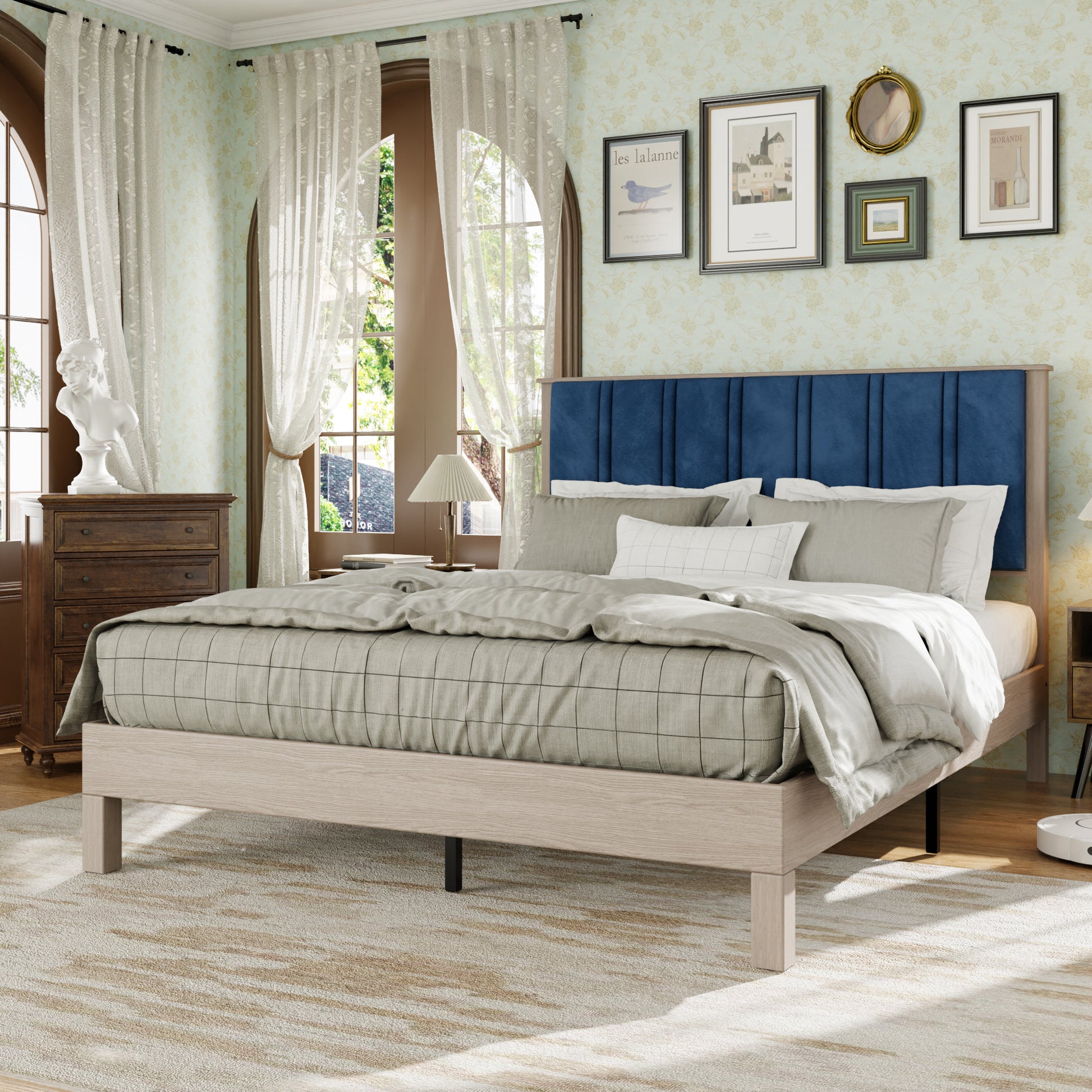 Full Bed Frame, Wood With Wood Headboard Bed Frame With Upholstered Headboard Wood Foundation With Wood Slat Support No Box Spring Needed Easy Assembly Box Spring Not Required Full Antique Grey White Wood Bedroom Pine Bed Frame Metal & Wood