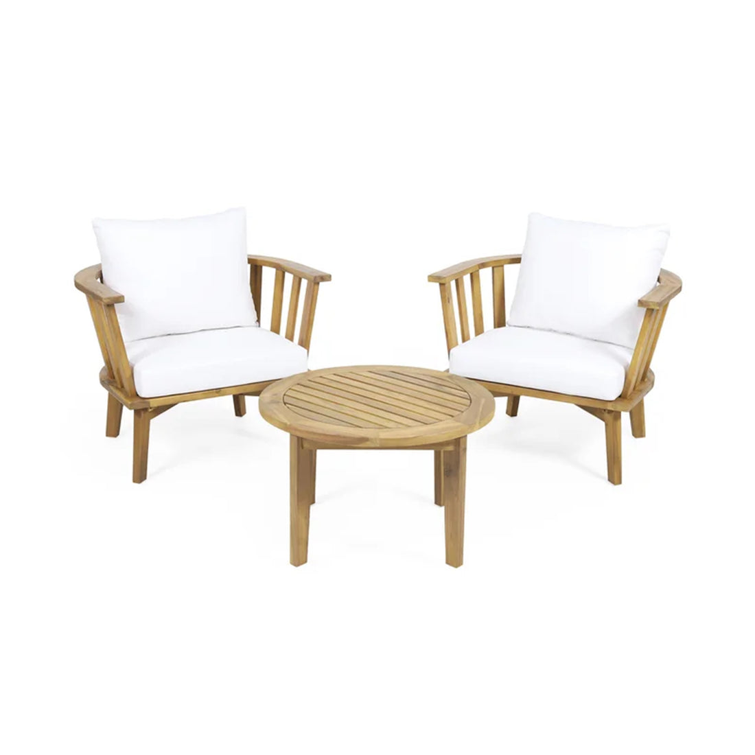 3 Piece Patio Furniture Set, Outdoor Acacia Wood Patio Club Chair With Table, Wooden Patio Furniture,Waterproof Thick Cushion Deep Seating For Porch, Garden, Backyard, Balcony, Teak Finish, White