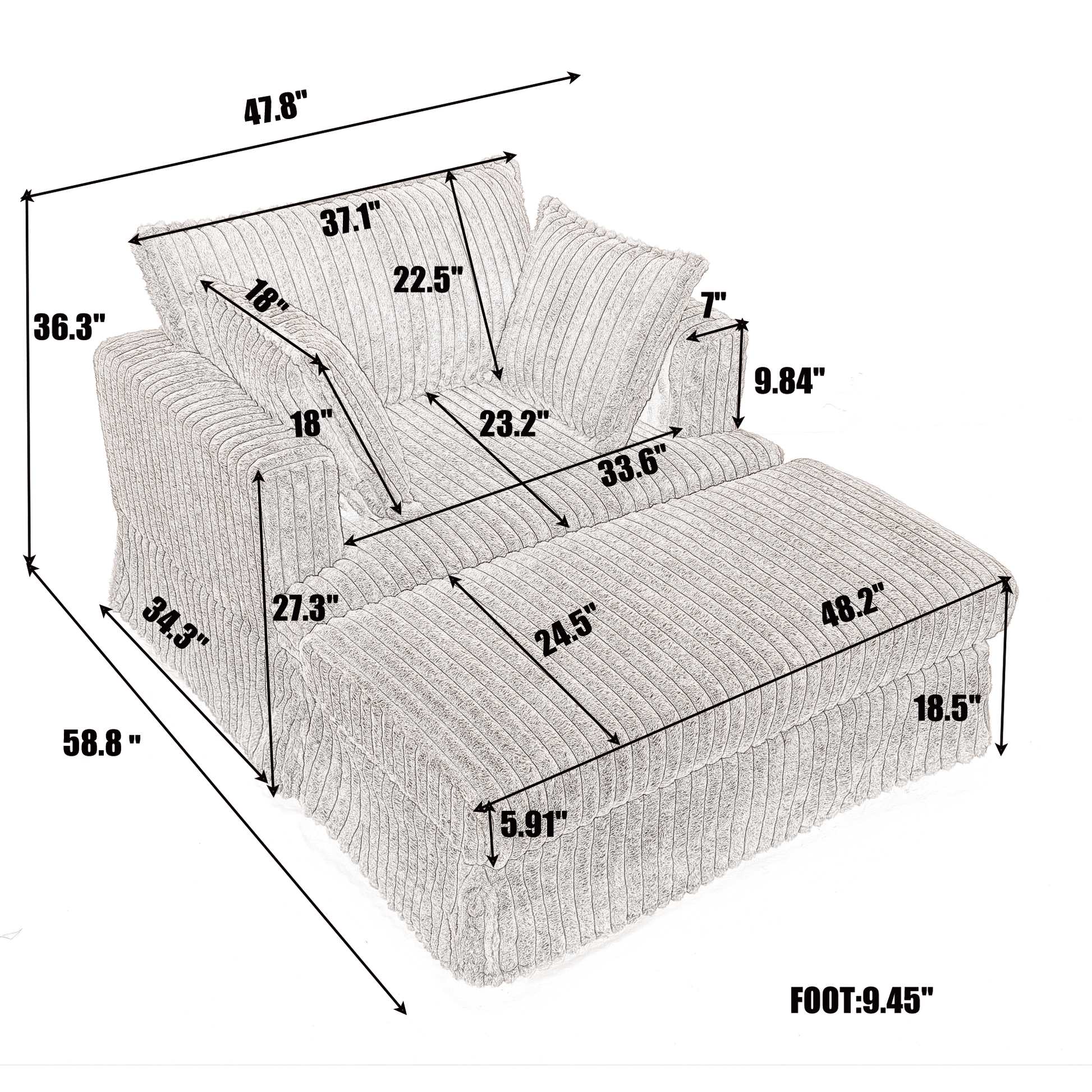 Arrived 47.7'' Oversized Corduroy Chaise Longue With Ottoman, Deep Seat Reclining Chair Sofa, Comfy Thicked Upholstered Pad Chair ,With Foot Stool ,Oversize, Movable Ottoman,Light Gray Light Gray