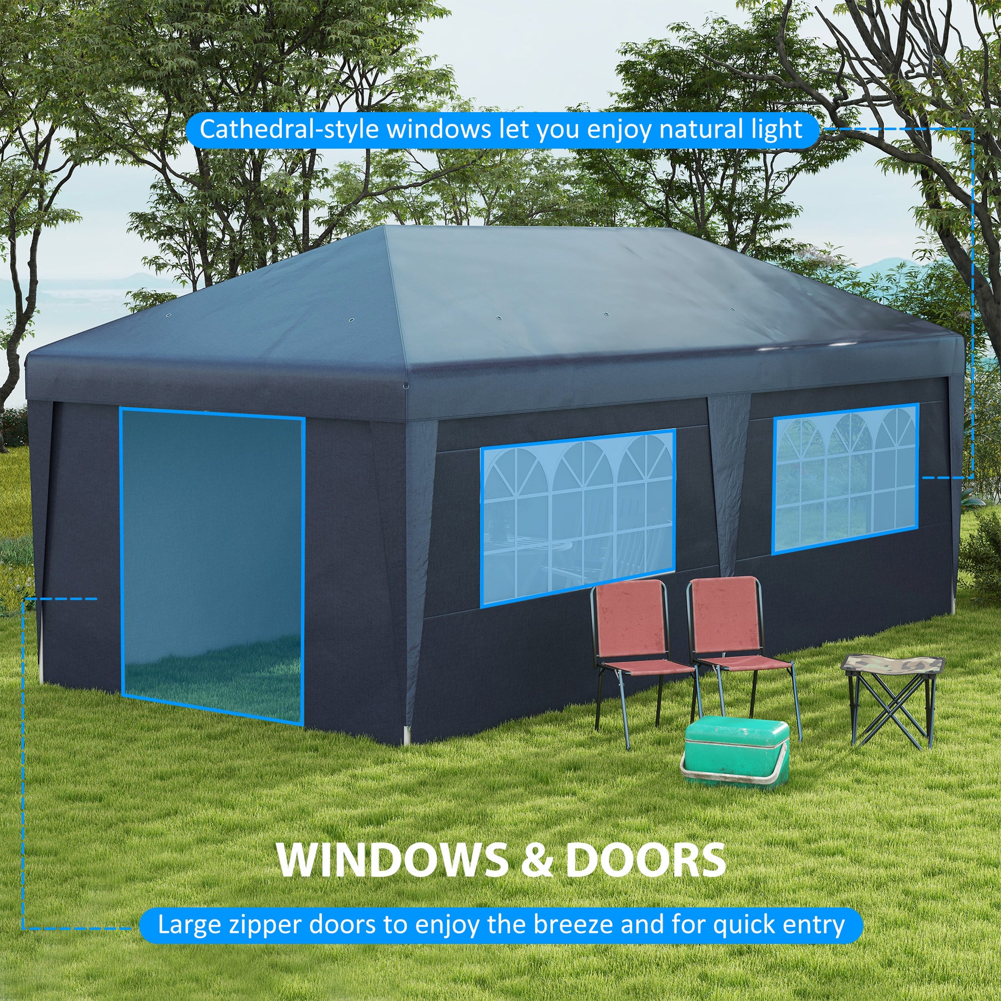 Outsunny 10' X 19.5' Pop Up Canopy Tent With Sidewalls, Height Adjustable Large Party Tent Event Shelter With Leg Weight Bags, Double Doors And Wheeled Carry Bag For Garden, Patio, Dark Blue Blue Steel