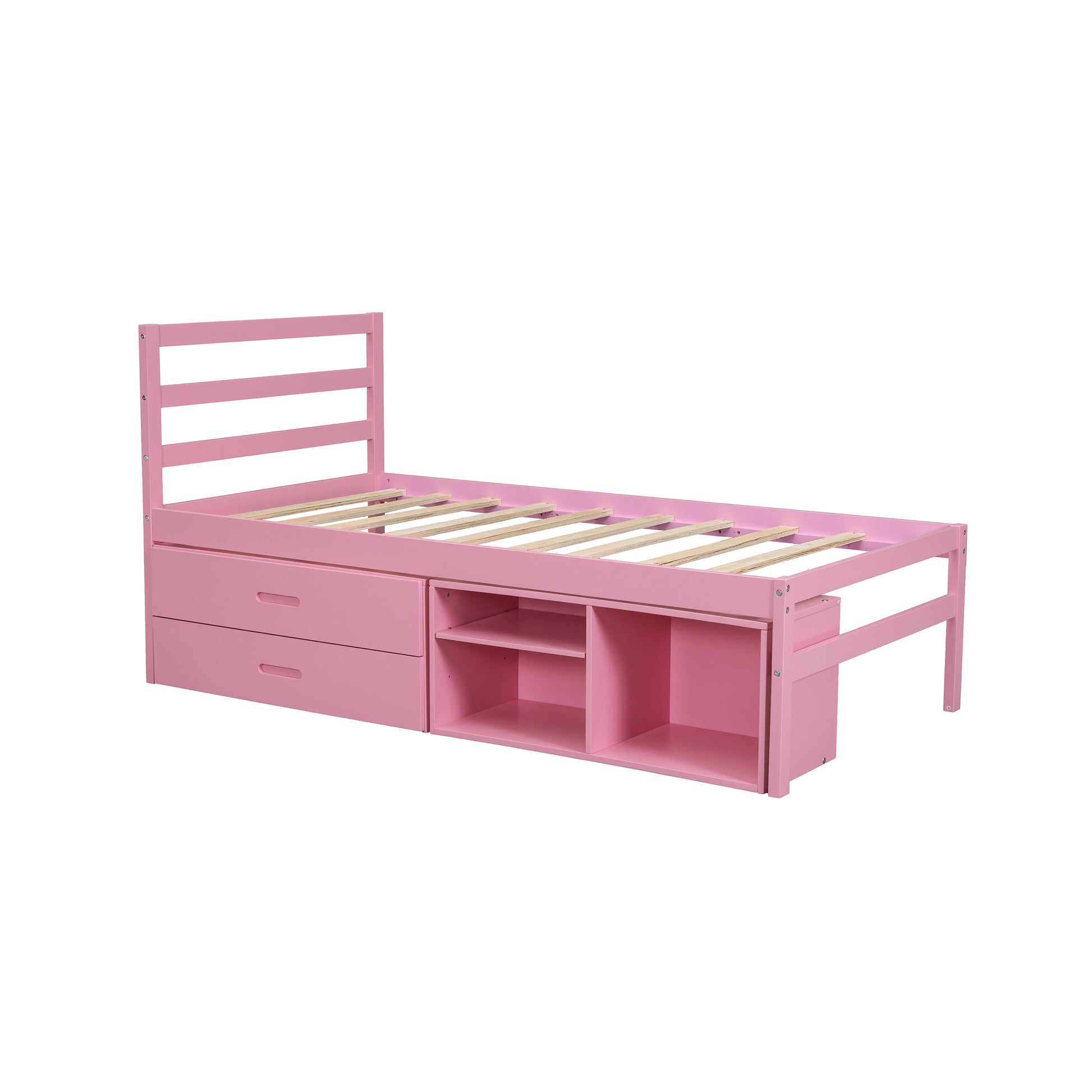 Twin Size Wood Platform Bed With Removable Storage Shelves, Built In Two Storage Drawers For Added Convenience, Pink Twin Pink Wood