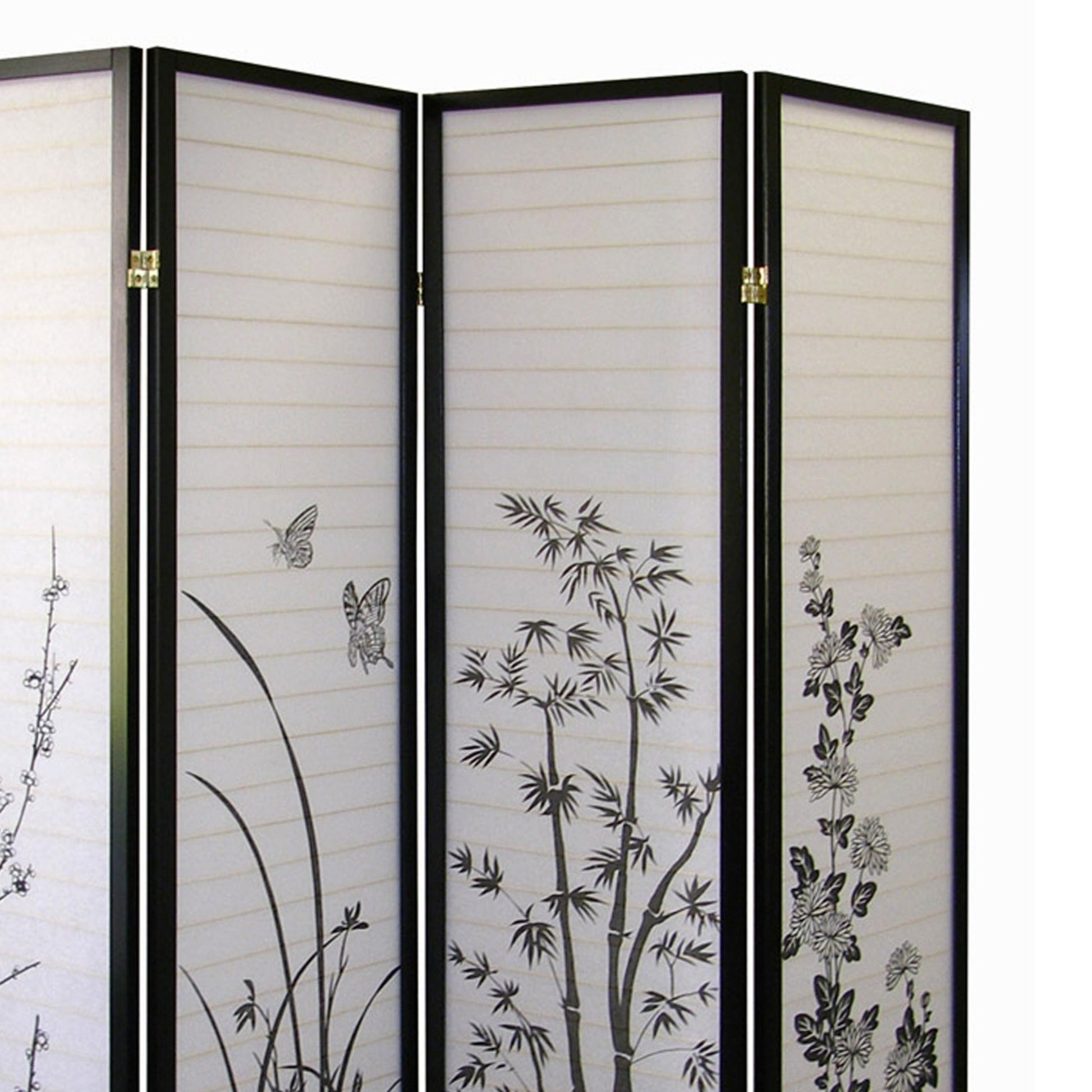 70" Tall 4 Panel Screen Room Divider, Floral Design With Black Finish Black Wood