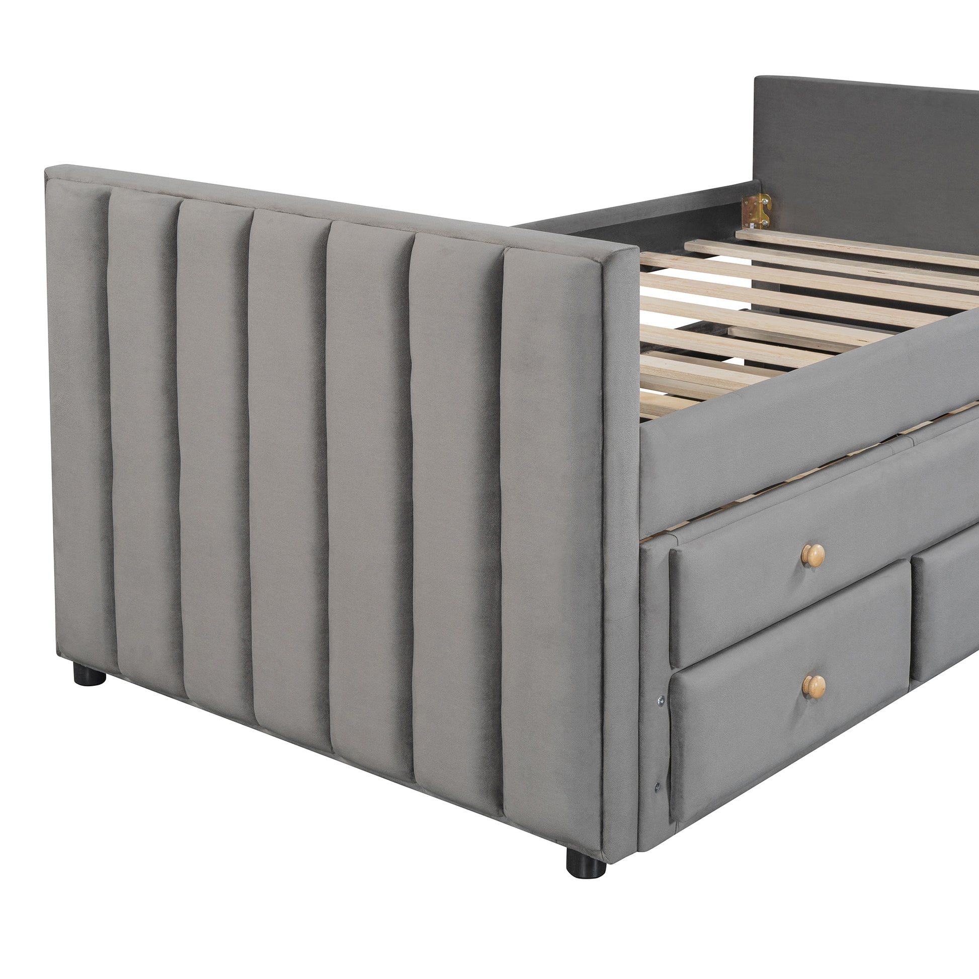 Twin Size Upholstered Daybed With Twin Size Trundle And Drawers, Velvet, Gray Box Spring Not Required Twin Gray Velvet