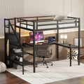 Full Size Loft Bed With L Shaped Desk And Usb, Metal Loft Bed With Wardrobe And Adjustable Shelf, High Loft Bed With Led For Kids Teens Adults, Black Full Black Metal