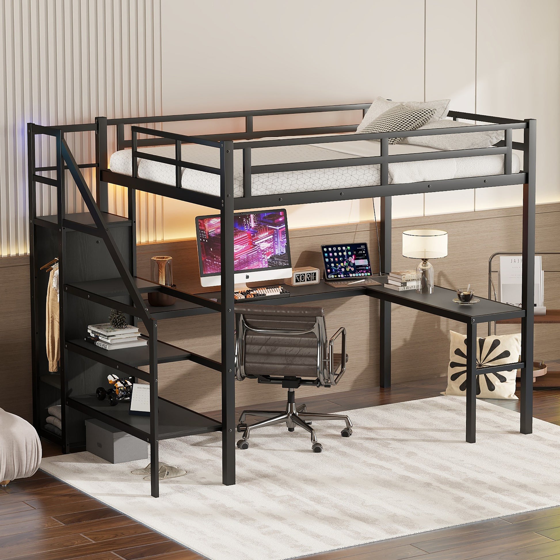 Full Size Loft Bed With L Shaped Desk And Usb, Metal Loft Bed With Wardrobe And Adjustable Shelf, High Loft Bed With Led For Kids Teens Adults, Black Full Black Metal