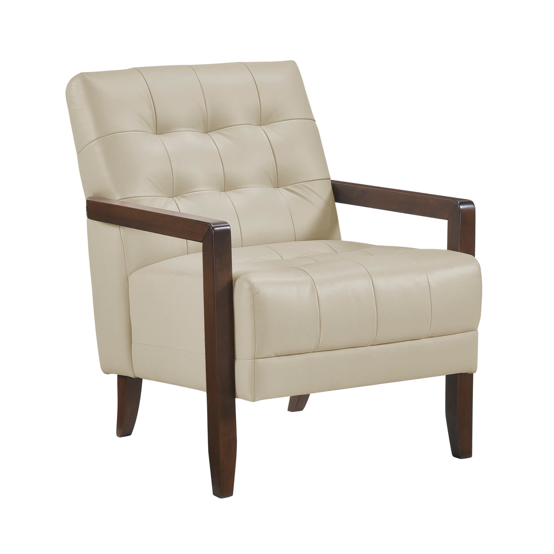 Modern Style Accent Chair Beige Leather Upholstered Tufted Detail Walnut Finish Wood Furniture 1Pc Beige Primary Living Space Contemporary,Modern Plywood