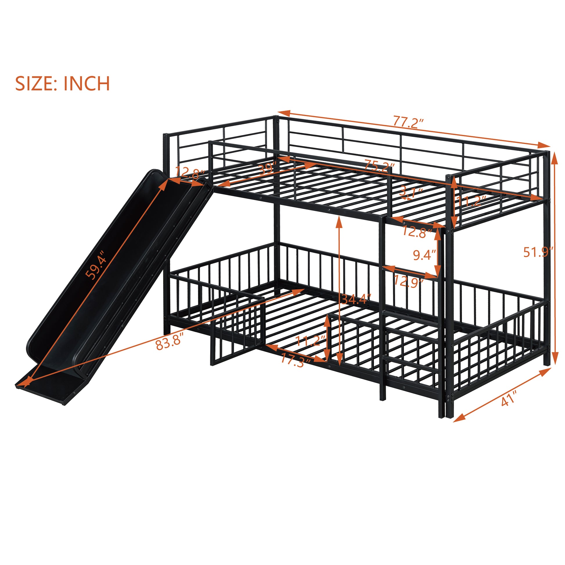 Twin Over Twin Size Metal Bunk Bed With Slide And Guardrails, Black Twin Black Metal