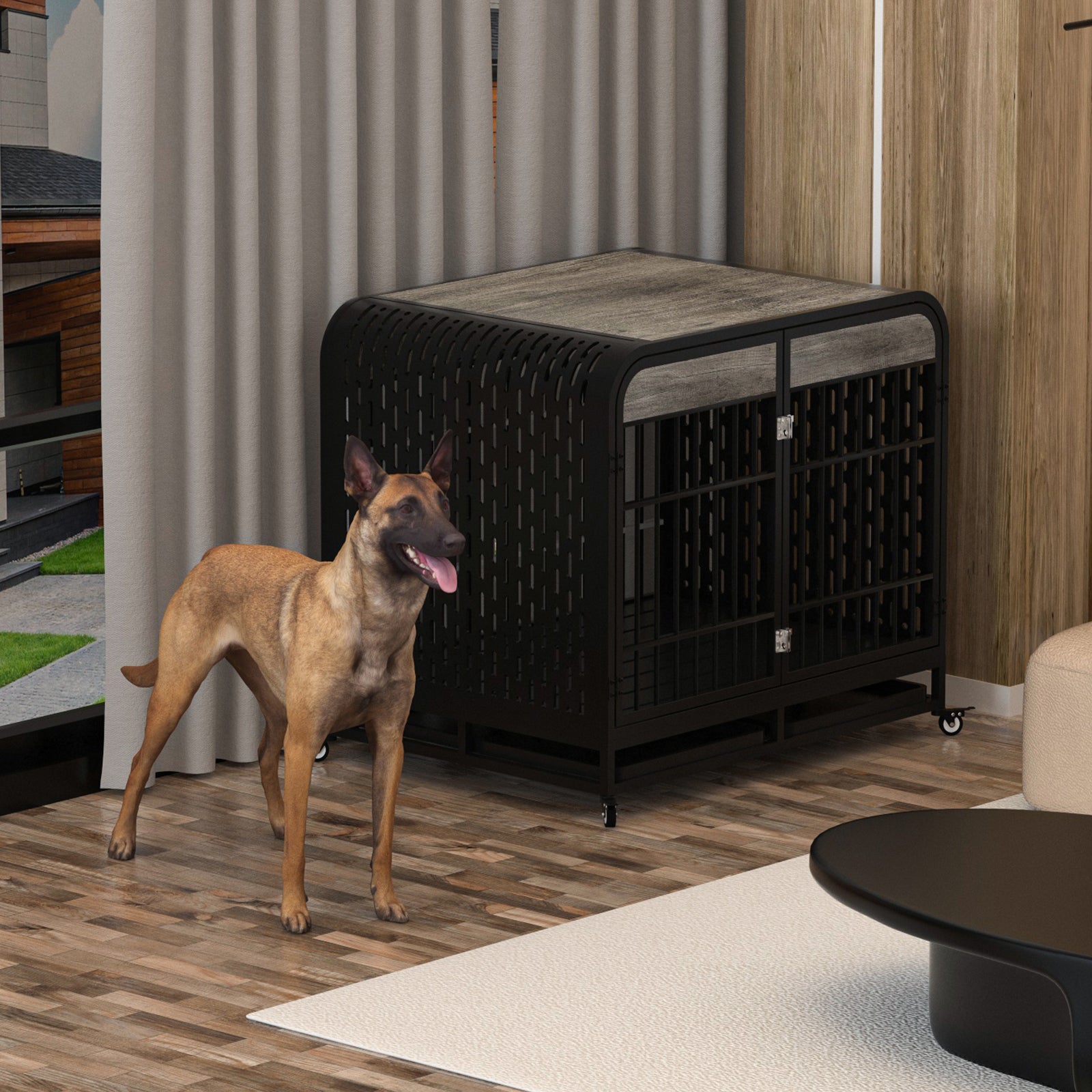 Heavy Duty Dog Crate Furniture Wooden Table Pet Dog Cage Kennel House Indoor Side End Table Decor With Removable Trays And Lockable Wheels For Medium And Large Dogs 40" Grey Grey Outdoor Kennel Medium 26 40 Lbs Mdf Steel