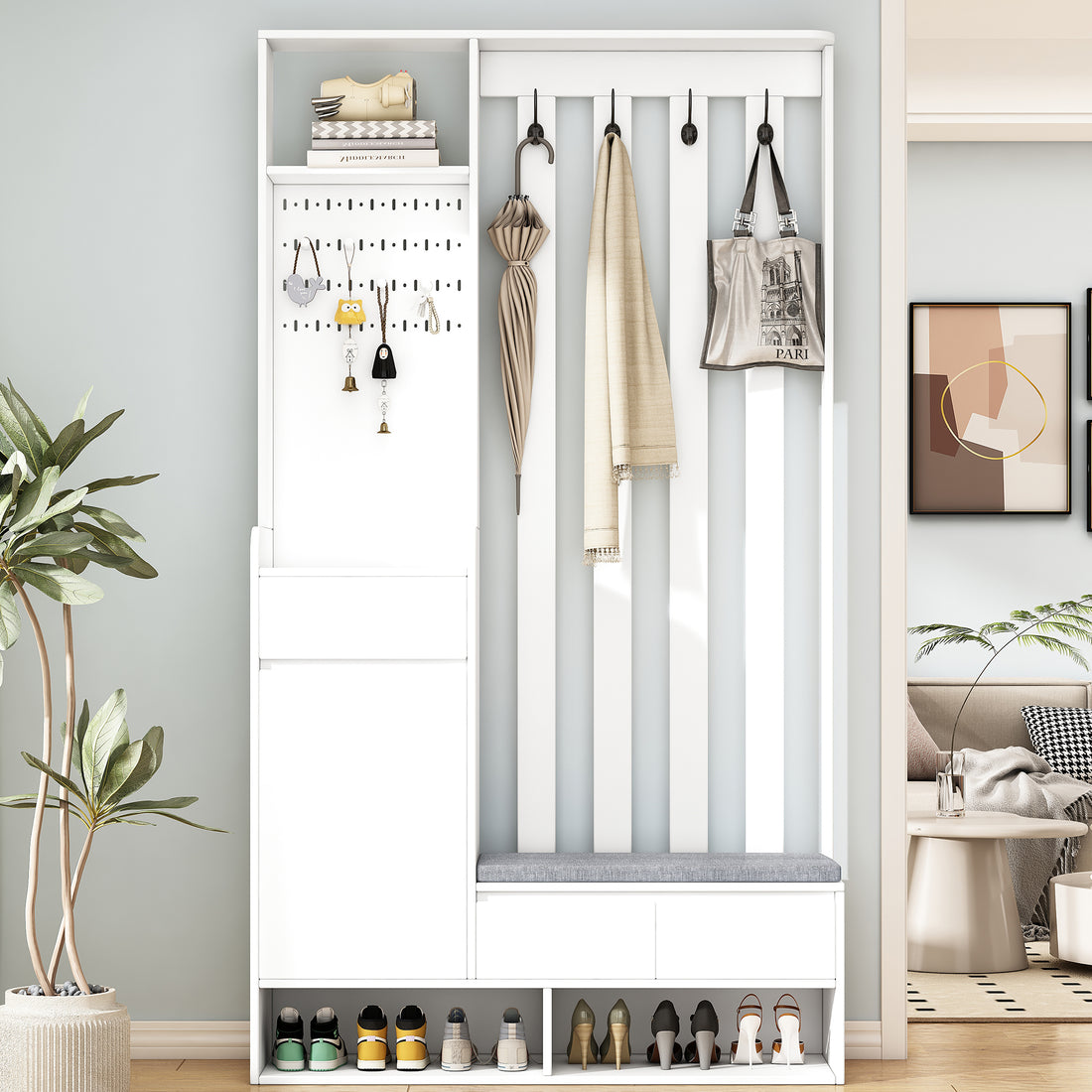 Contemporary 39.3''Wx70.8''H Hall Tree Storage With Cushioned Storage Bench, Multifunctional Hallway Shoe Cabinet With Pegboard, Modern Coat Rack With 4 Hooks For Entryway, Mudroom, White White Mdf