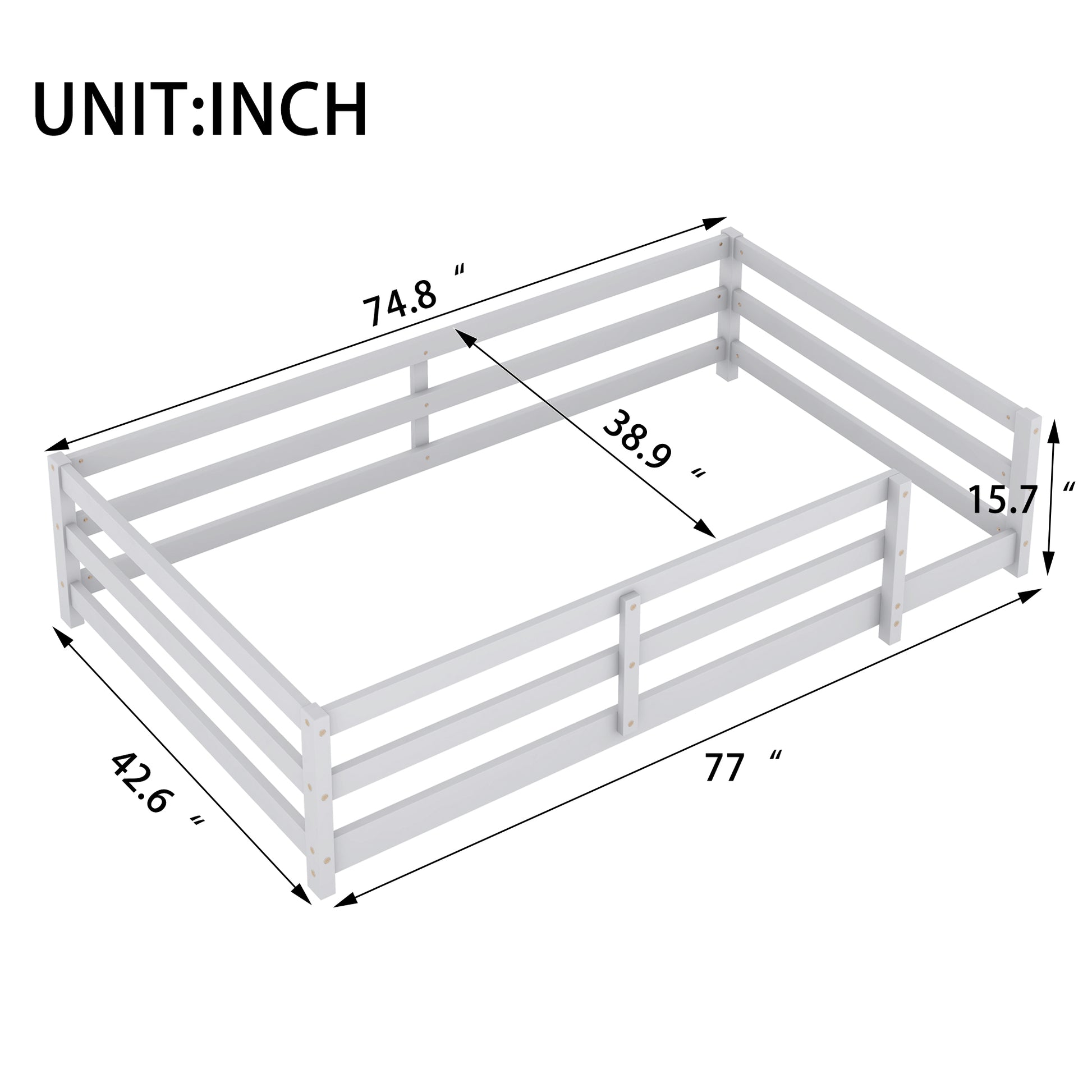 Twin Size Floor Bed, Montessori Floor Bed With Fence, Kids Montessori Bed Twin Size, Wood Montessori Floor Bed For Kids, Girls, Boys Gray Grey Wood Metal