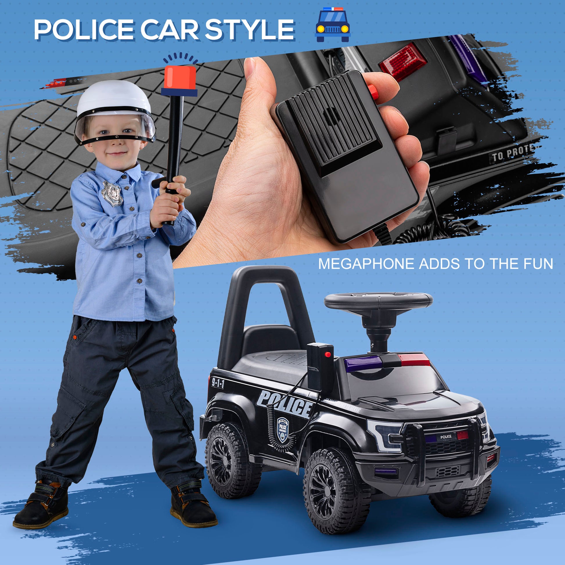 Aosom Kids Push Ride On Car With Working Pa System And Horn, Police Truck Style Foot To Floor Sliding Car For Boys And Girls With Under Seat Storage, For 18 Months To 5 Years Old, Black Black Metal